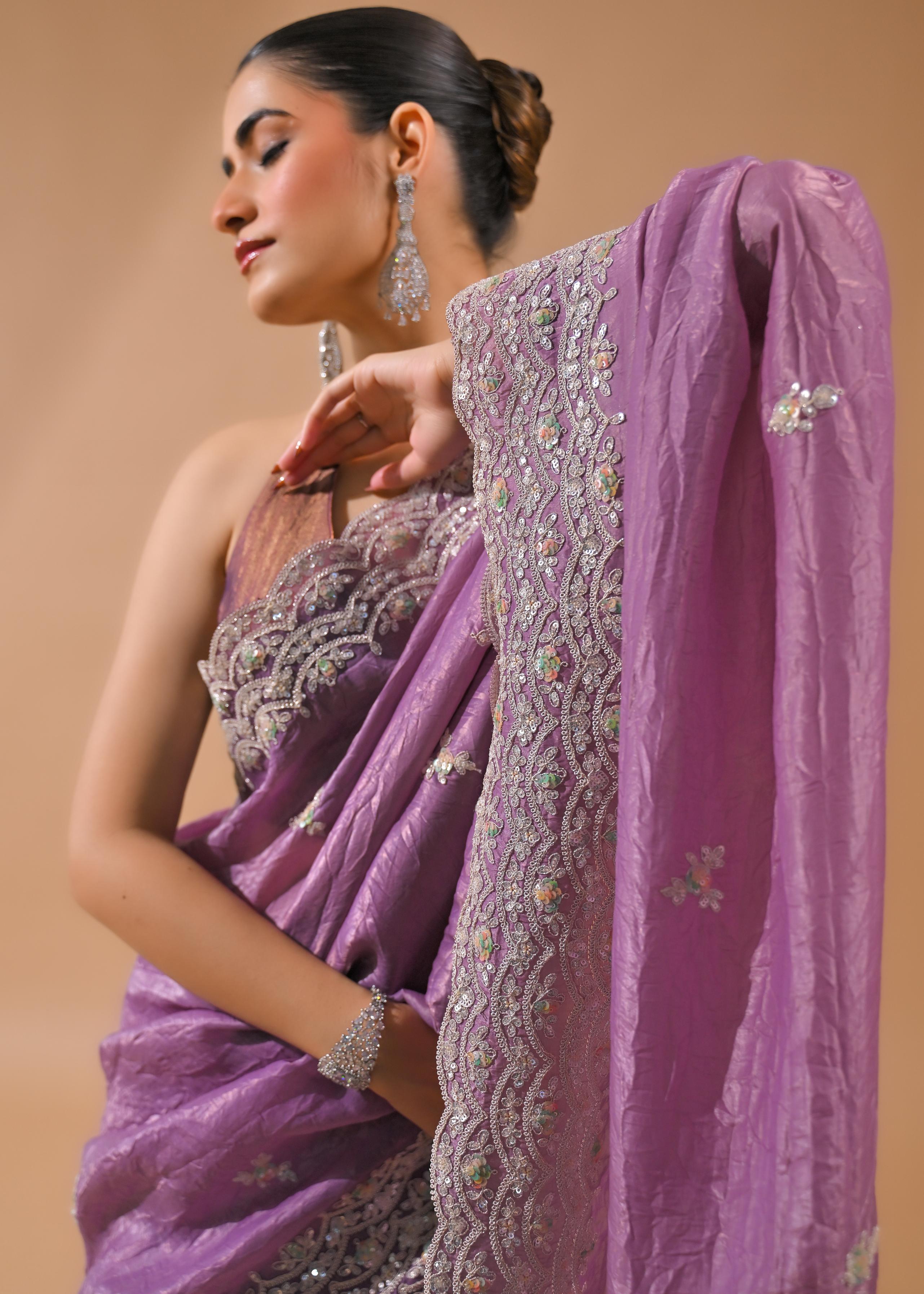Dusty Lilac Embellished Crush Silk Saree