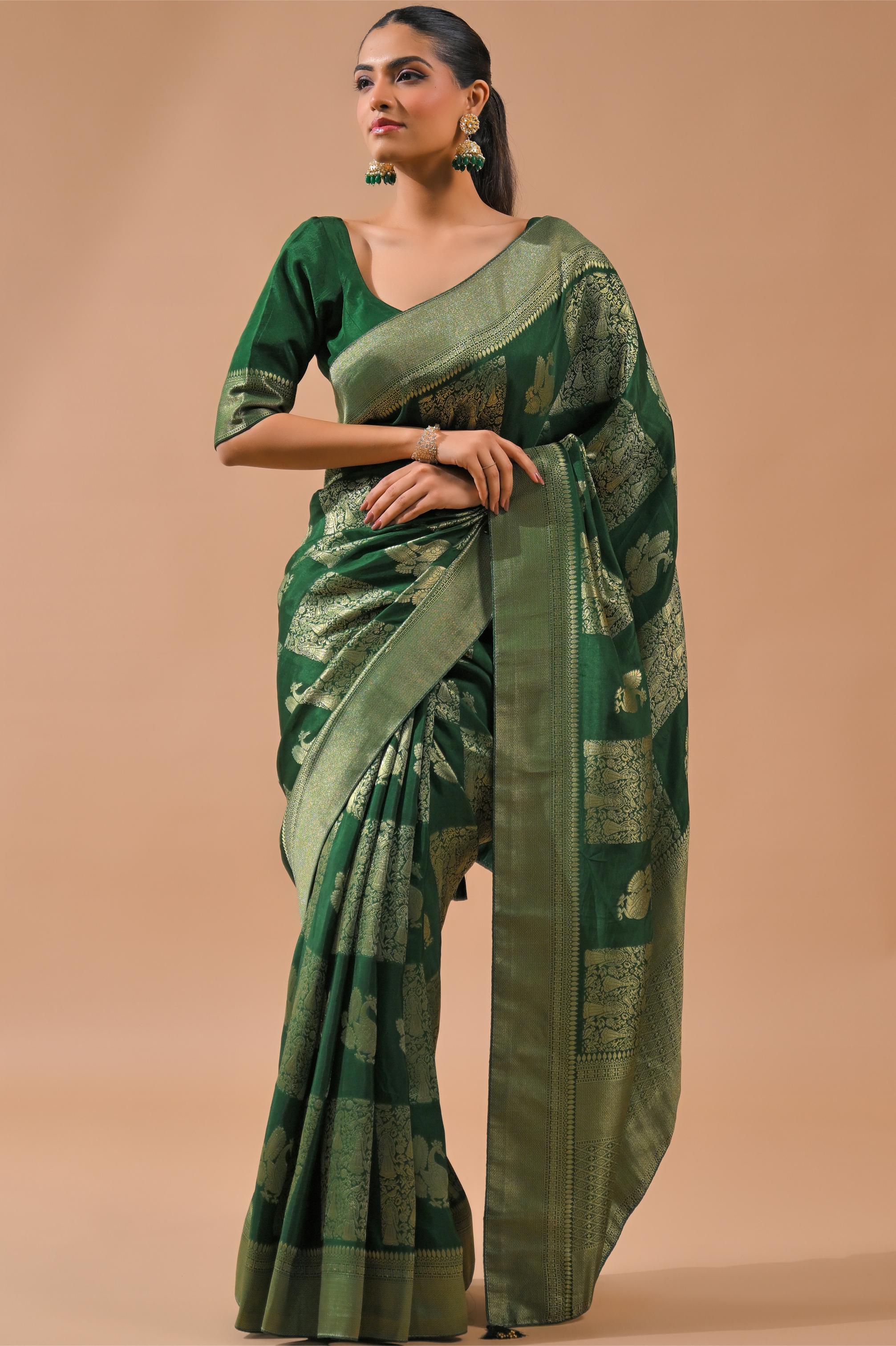 Deep Green Embroidered Dola Silk Saree