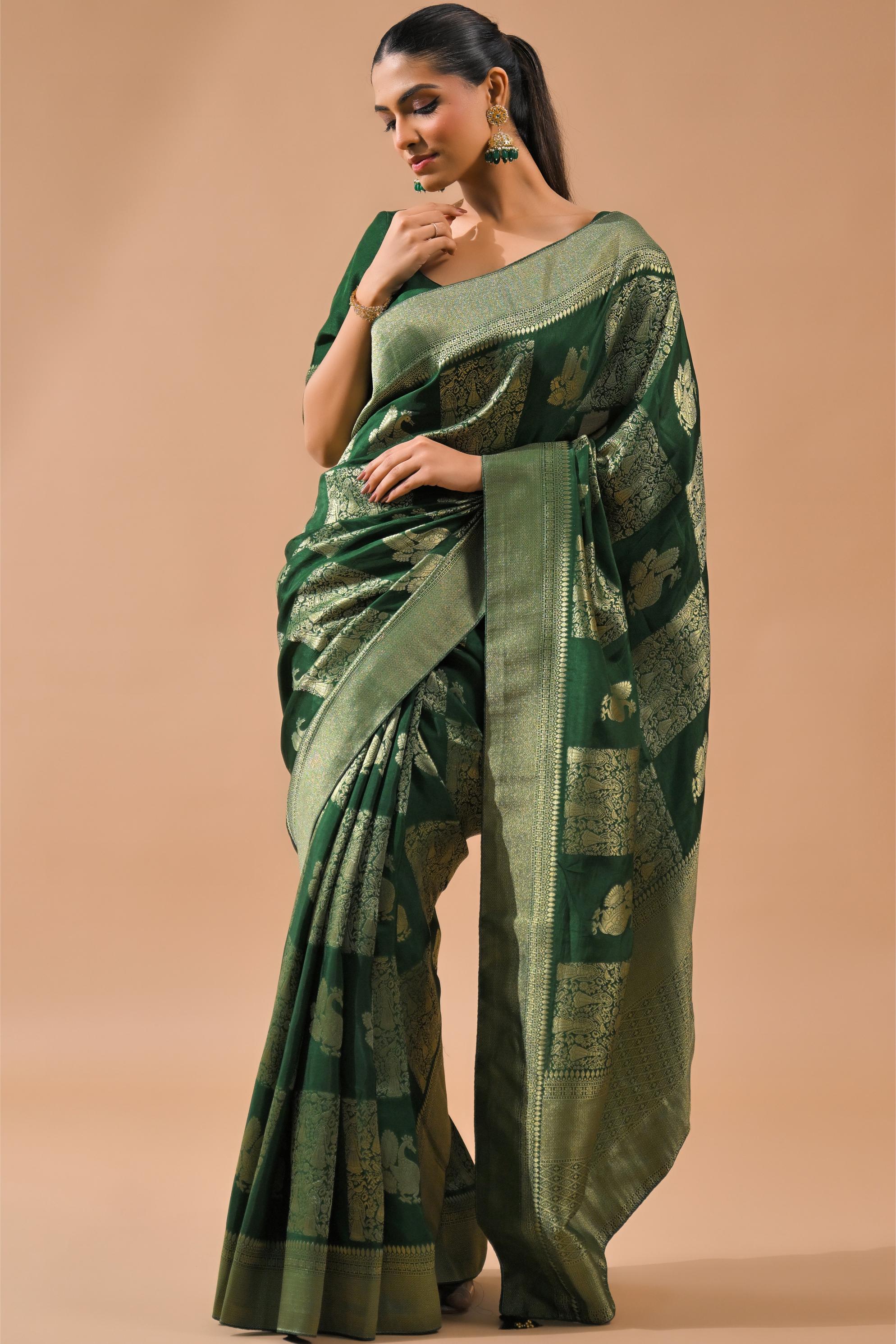 Deep Green Embroidered Dola Silk Saree