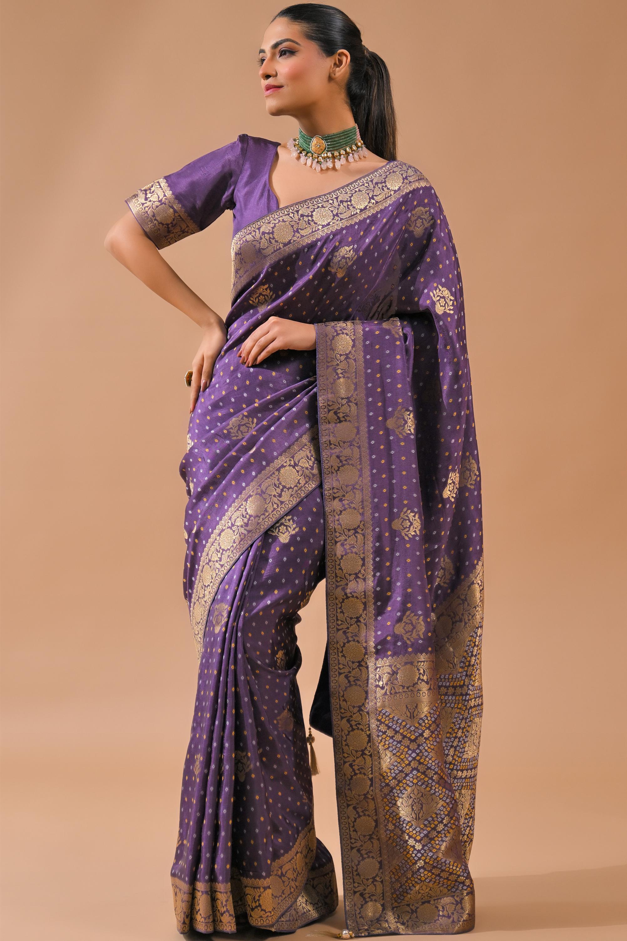 Light Purple Bandhej Printed Silk Saree
