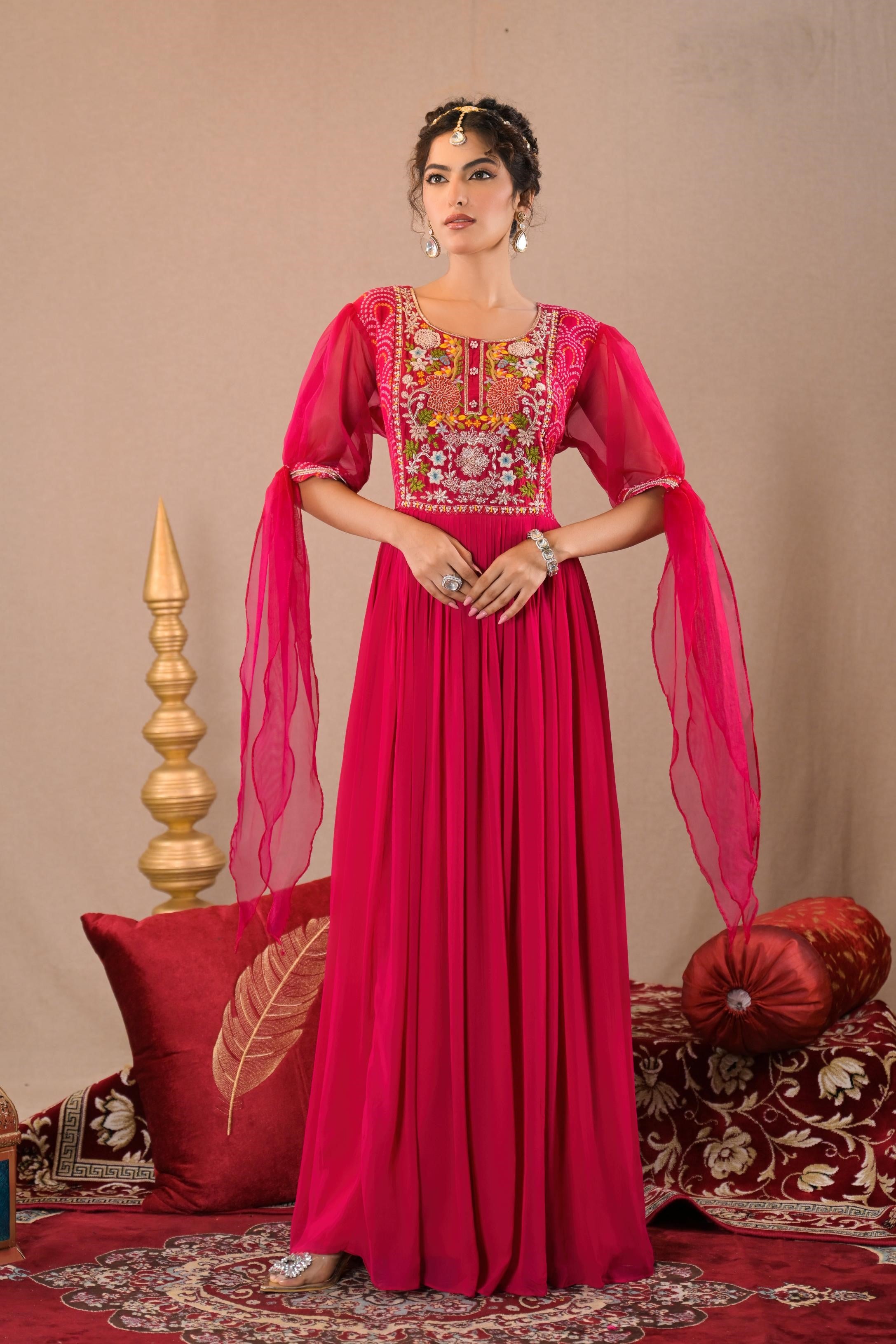 Hot Pink Bandhej Printed Georgette Silk Gown