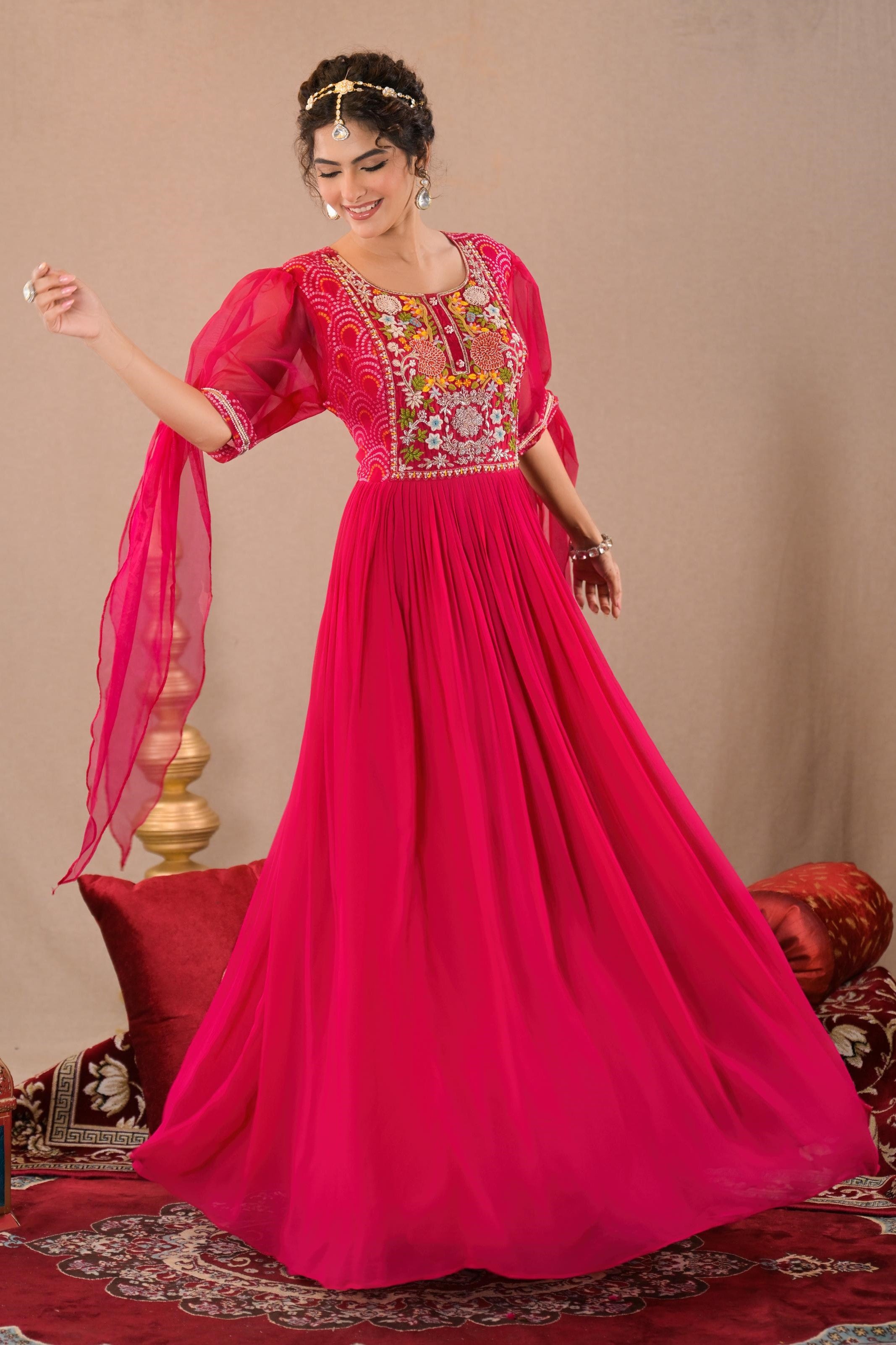 Hot Pink Bandhej Printed Georgette Silk Gown