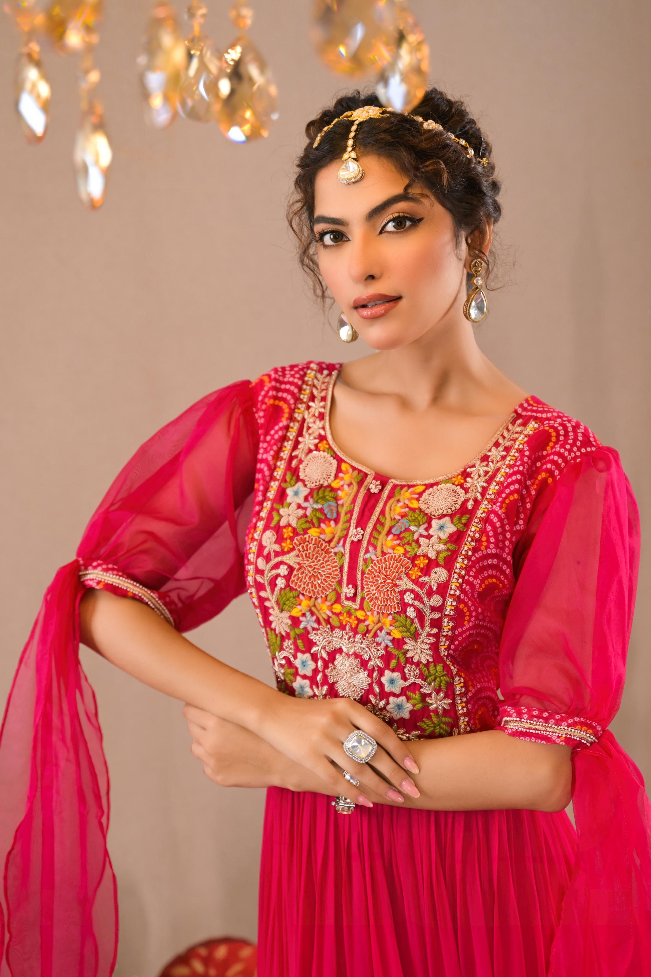 Hot Pink Bandhej Printed Georgette Silk Gown