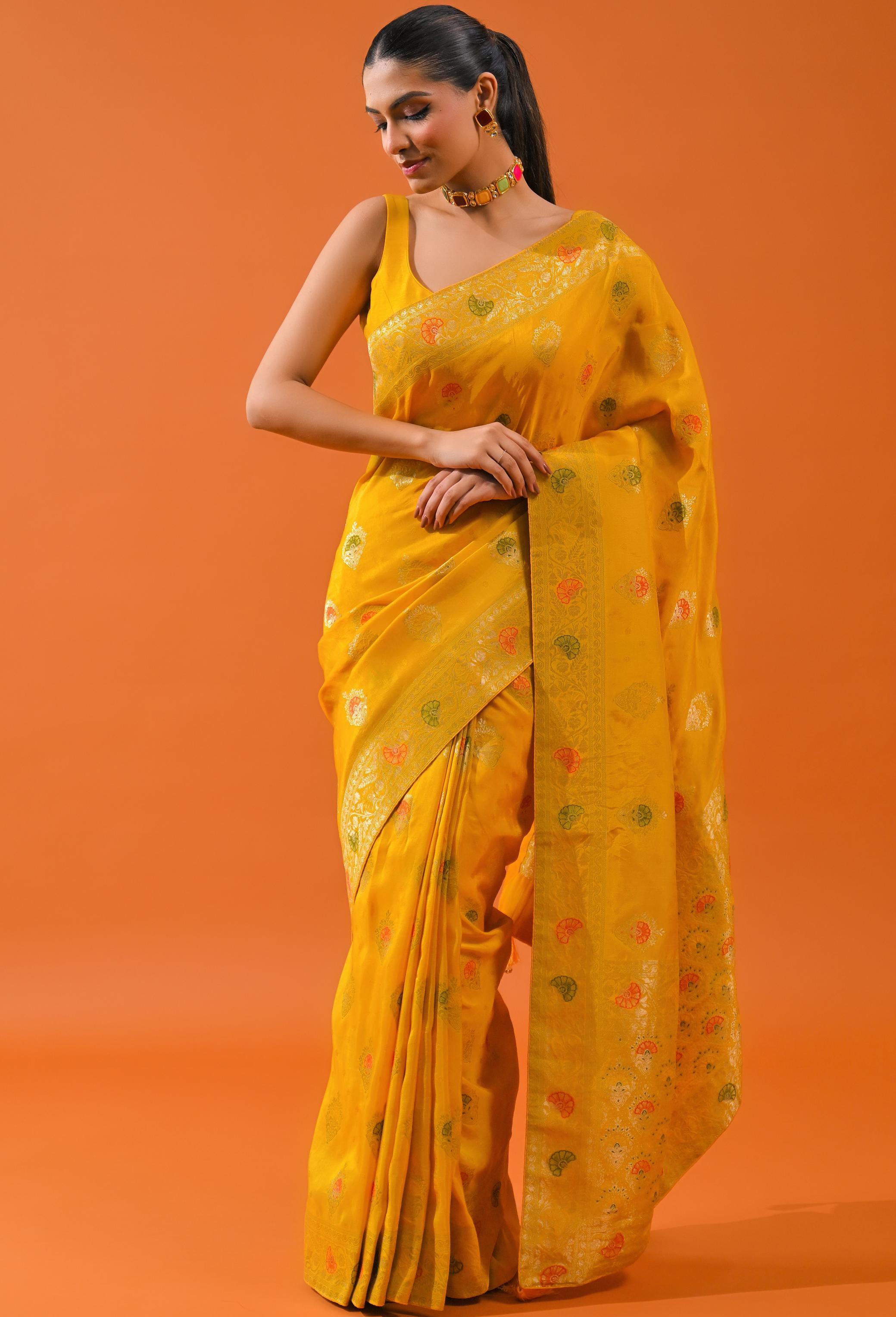 Yellow Embroidered Dola Silk Saree