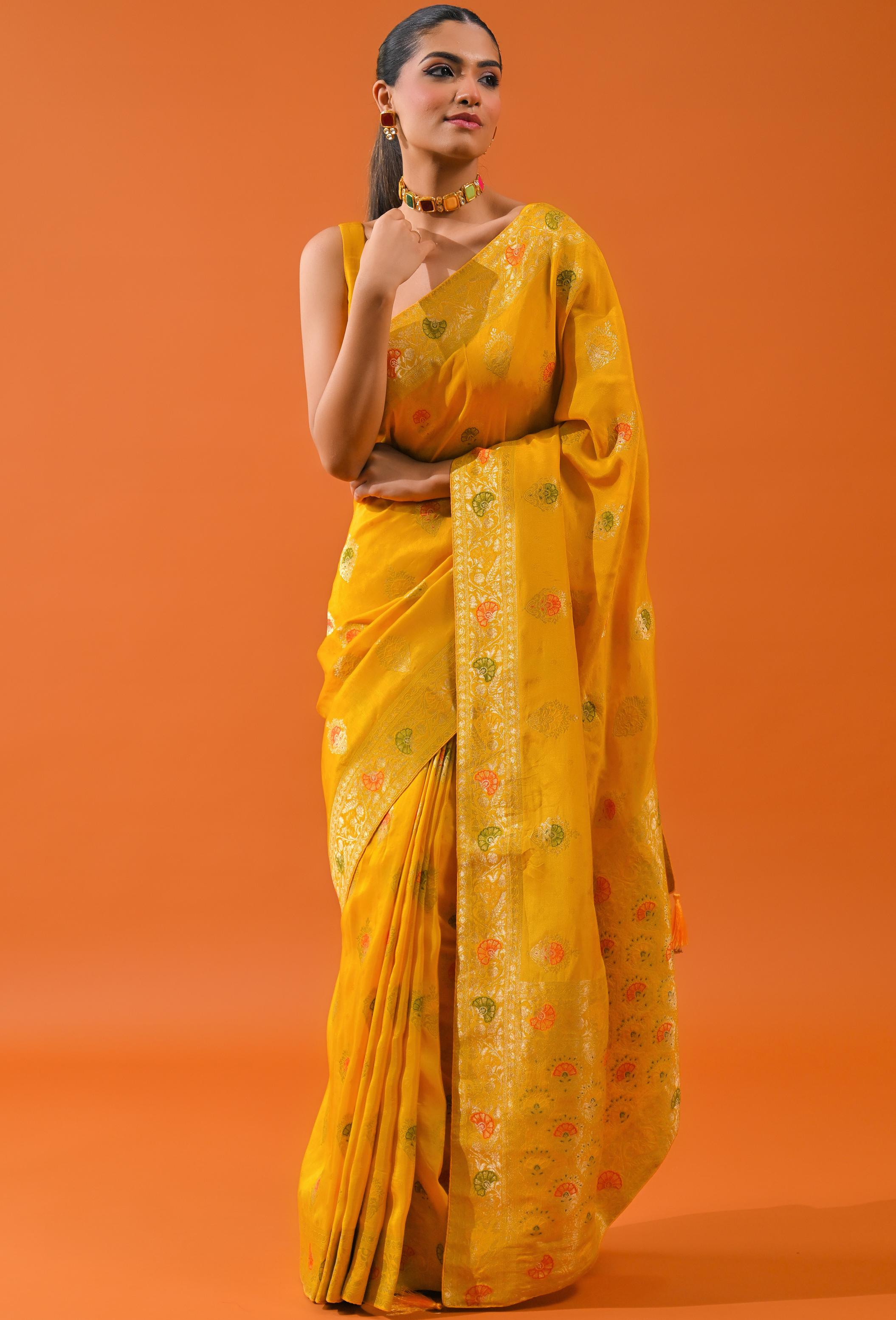 Yellow Embroidered Dola Silk Saree