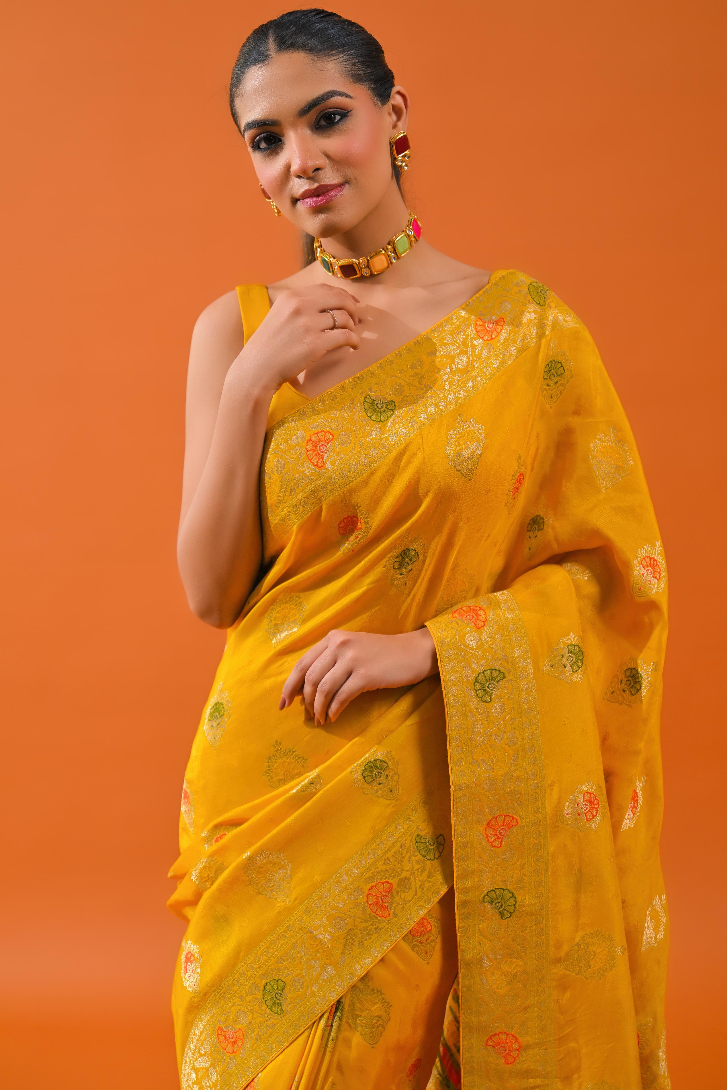 Yellow Embroidered Dola Silk Saree