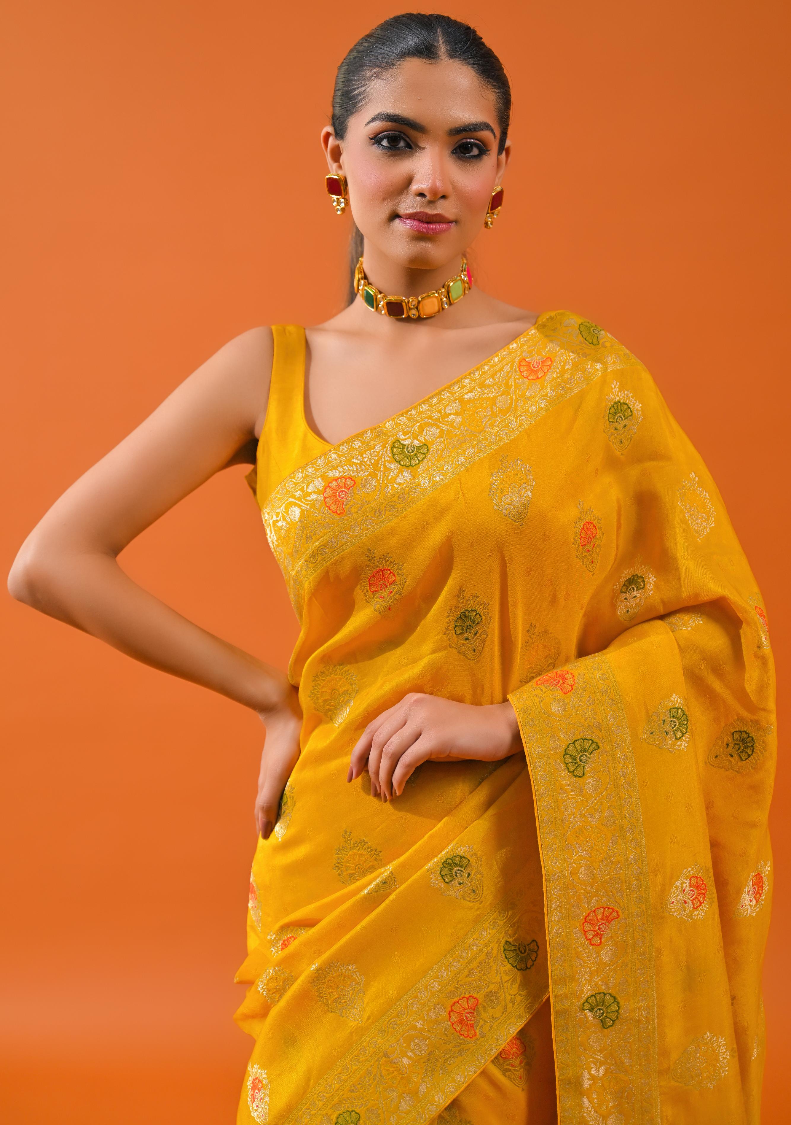 Yellow Embroidered Dola Silk Saree