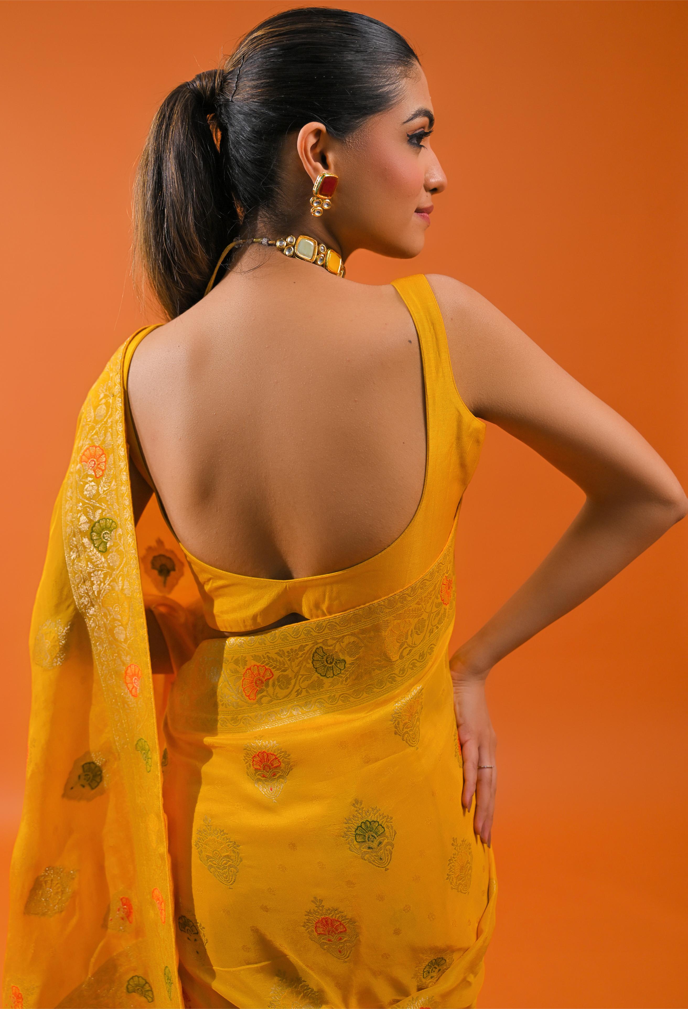 Yellow Embroidered Dola Silk Saree