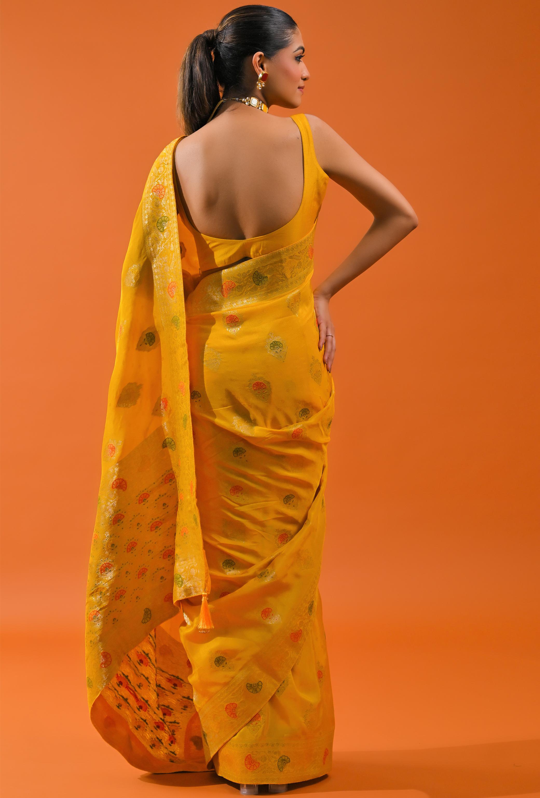 Yellow Embroidered Dola Silk Saree