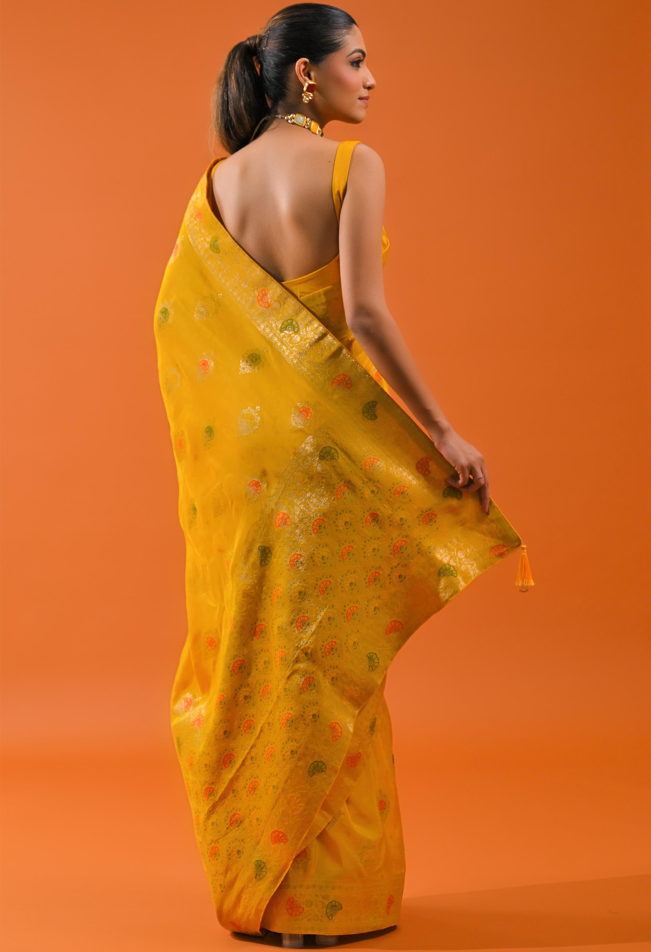 Yellow Embroidered Dola Silk Saree