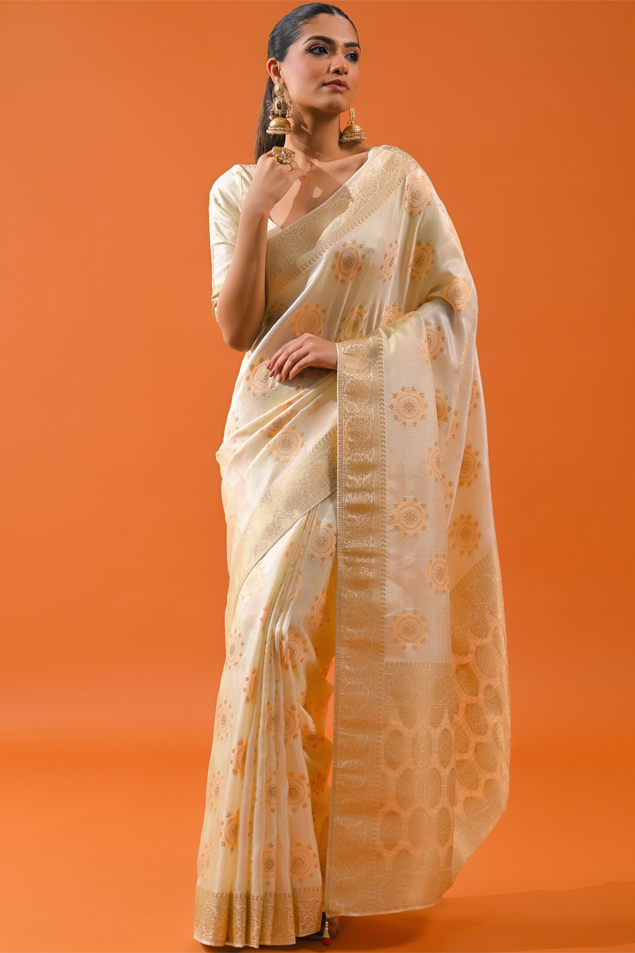 Bright Cream Embroidered Dola Silk Saree