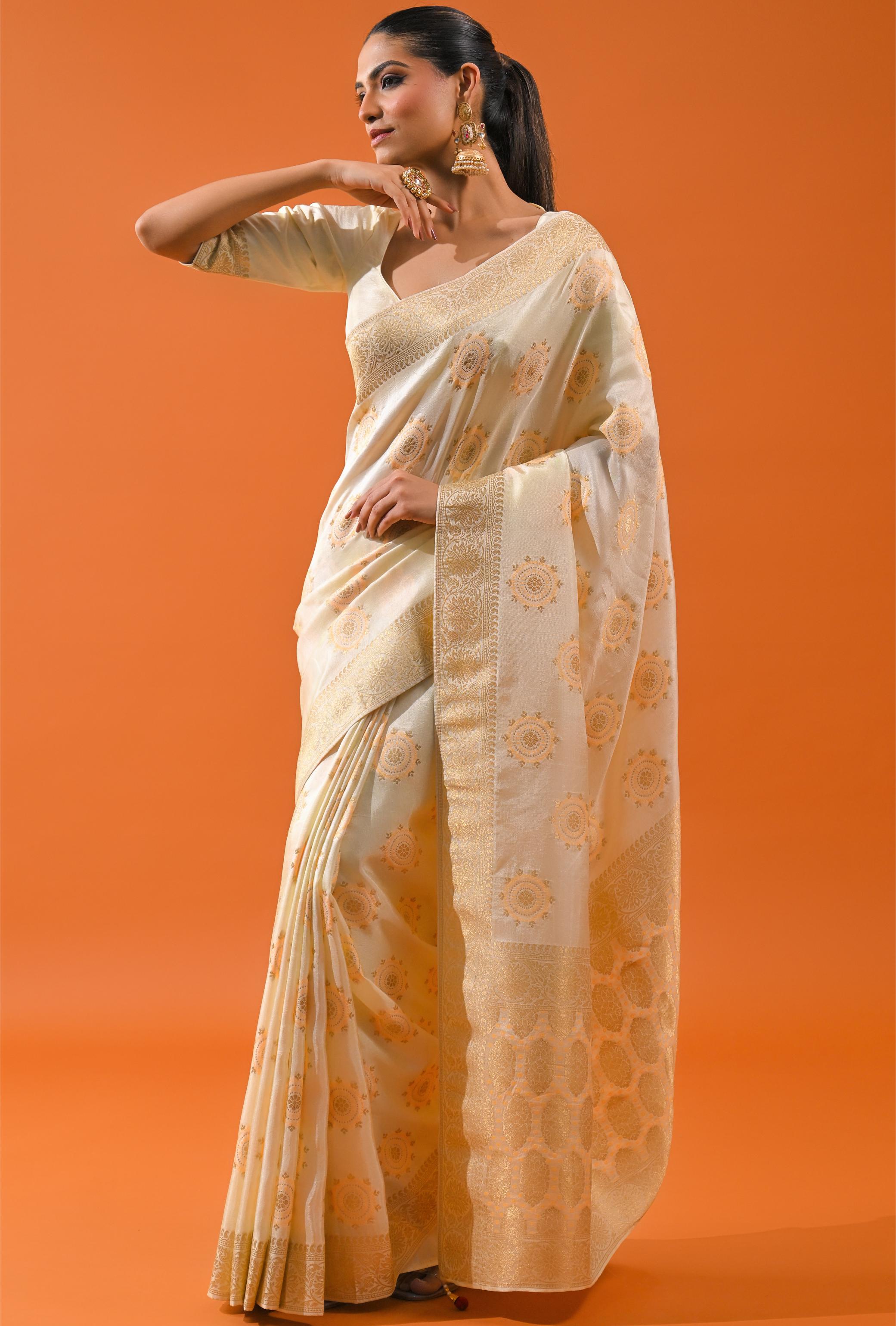 Bright Cream Embroidered Dola Silk Saree