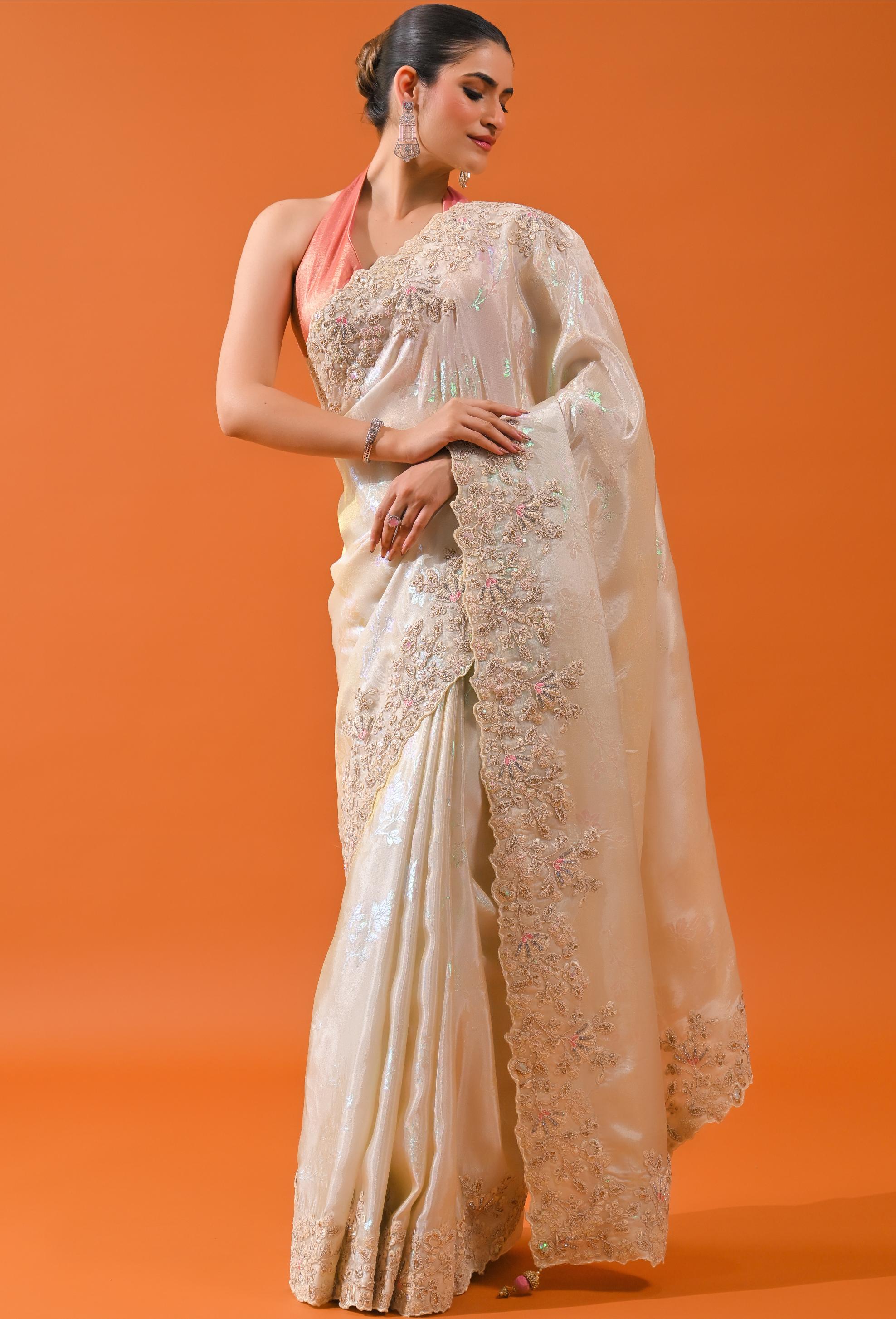 Ivory Embroidered Cosmo Tissue Silk Saree