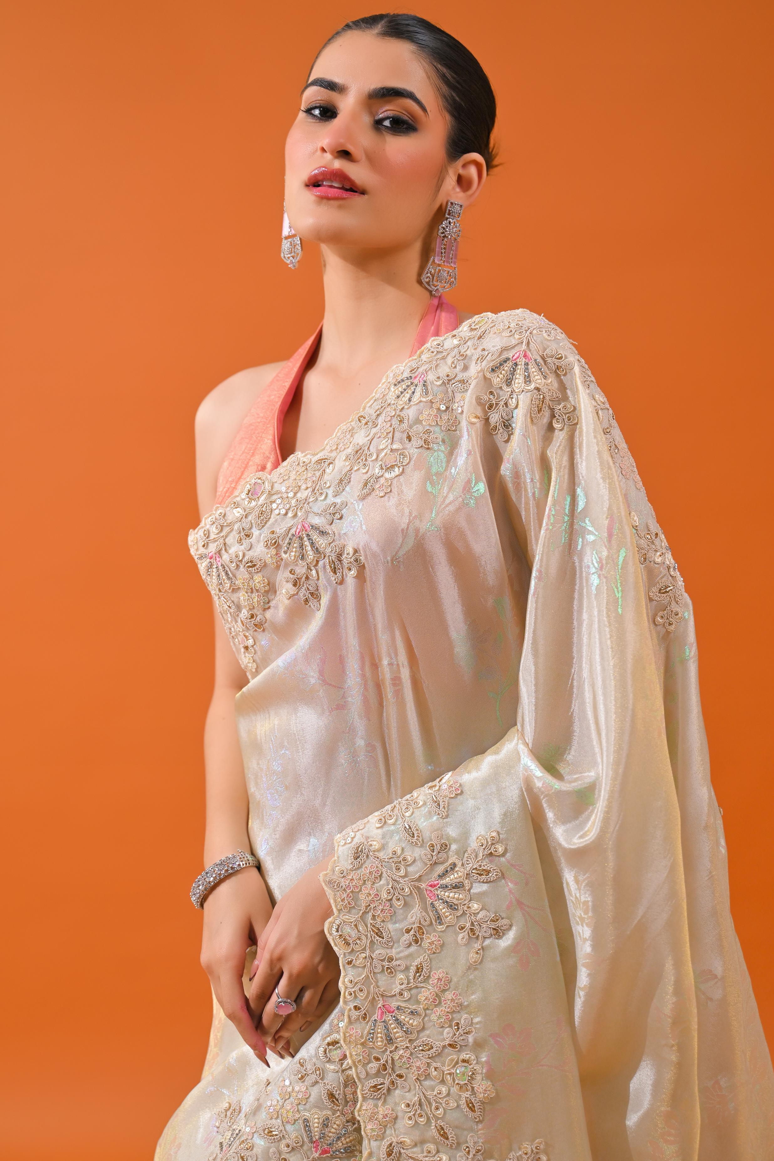 Ivory Embroidered Cosmo Tissue Silk Saree