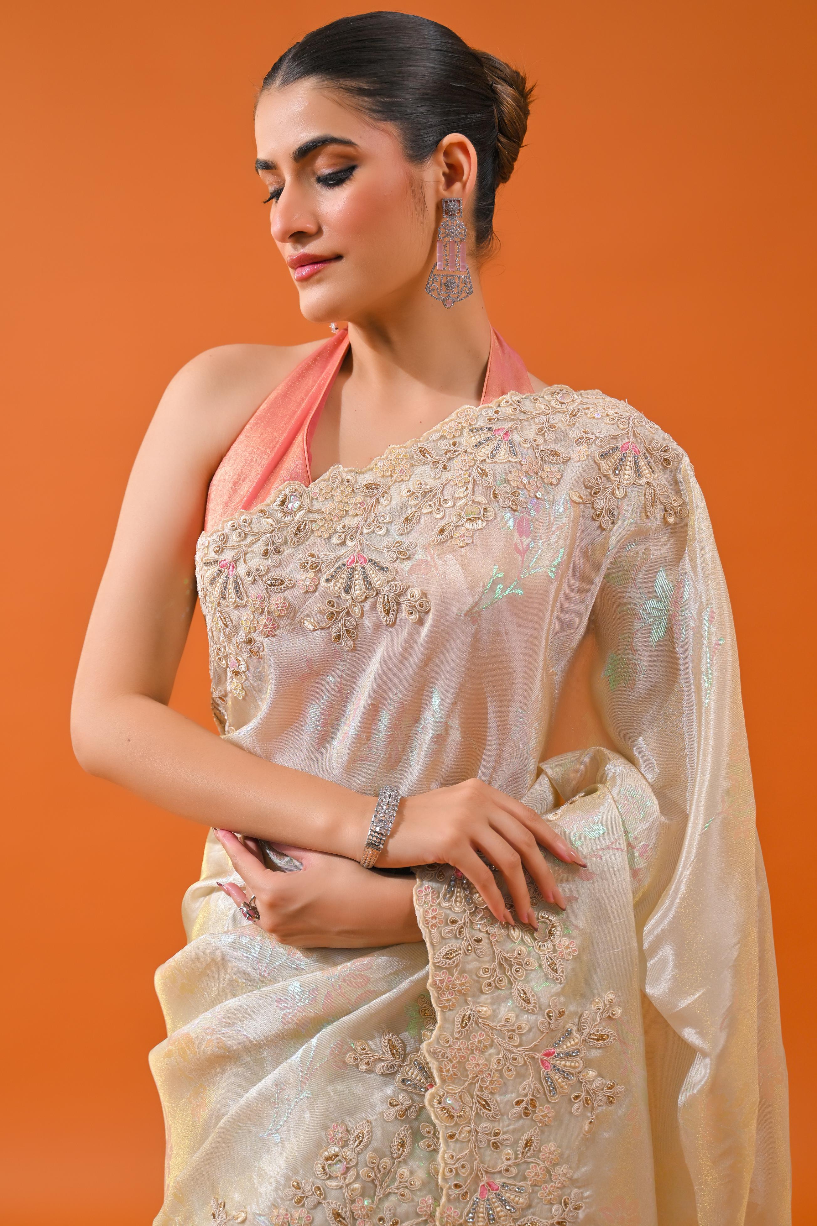 Ivory Embroidered Cosmo Tissue Silk Saree