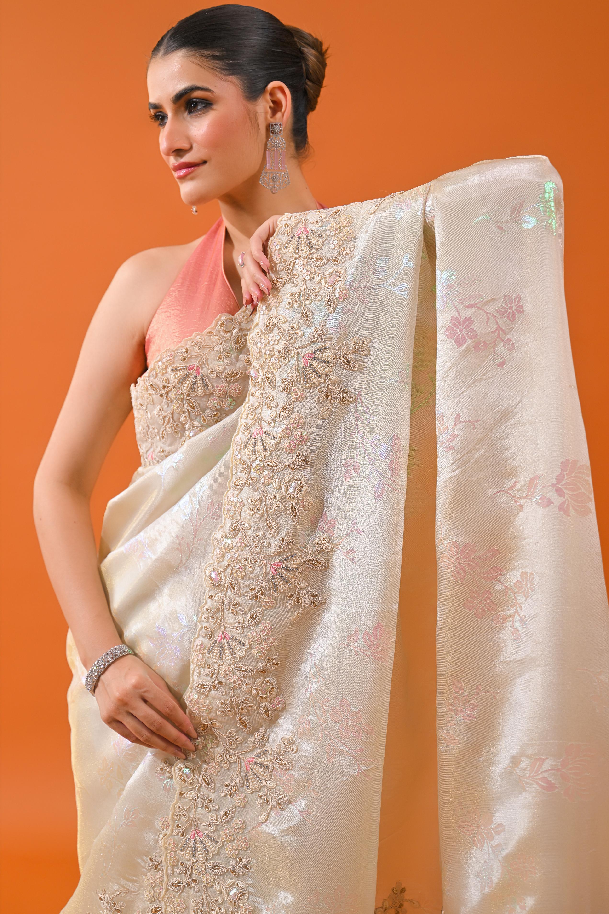 Ivory Embroidered Cosmo Tissue Silk Saree
