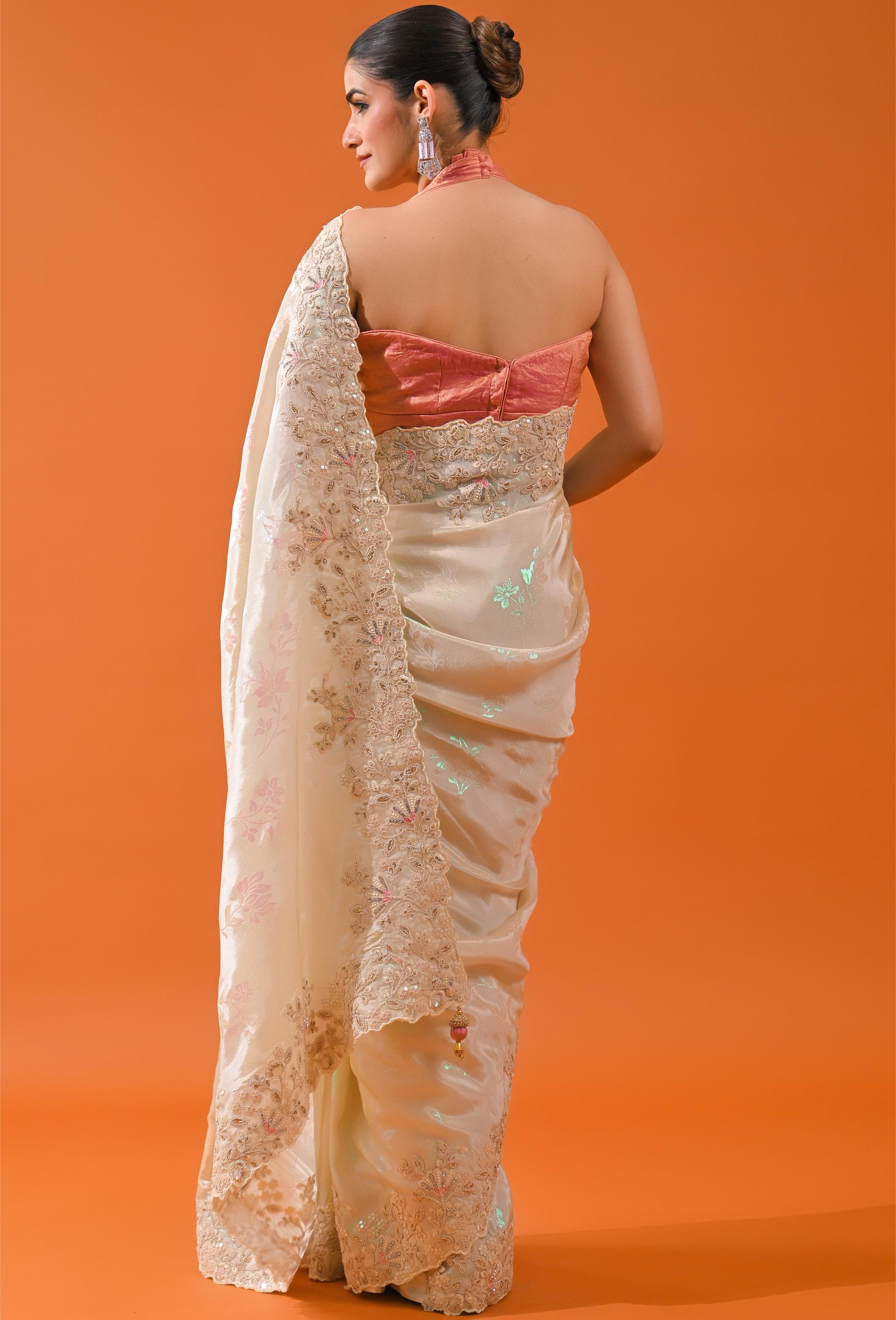 Ivory Embroidered Cosmo Tissue Silk Saree