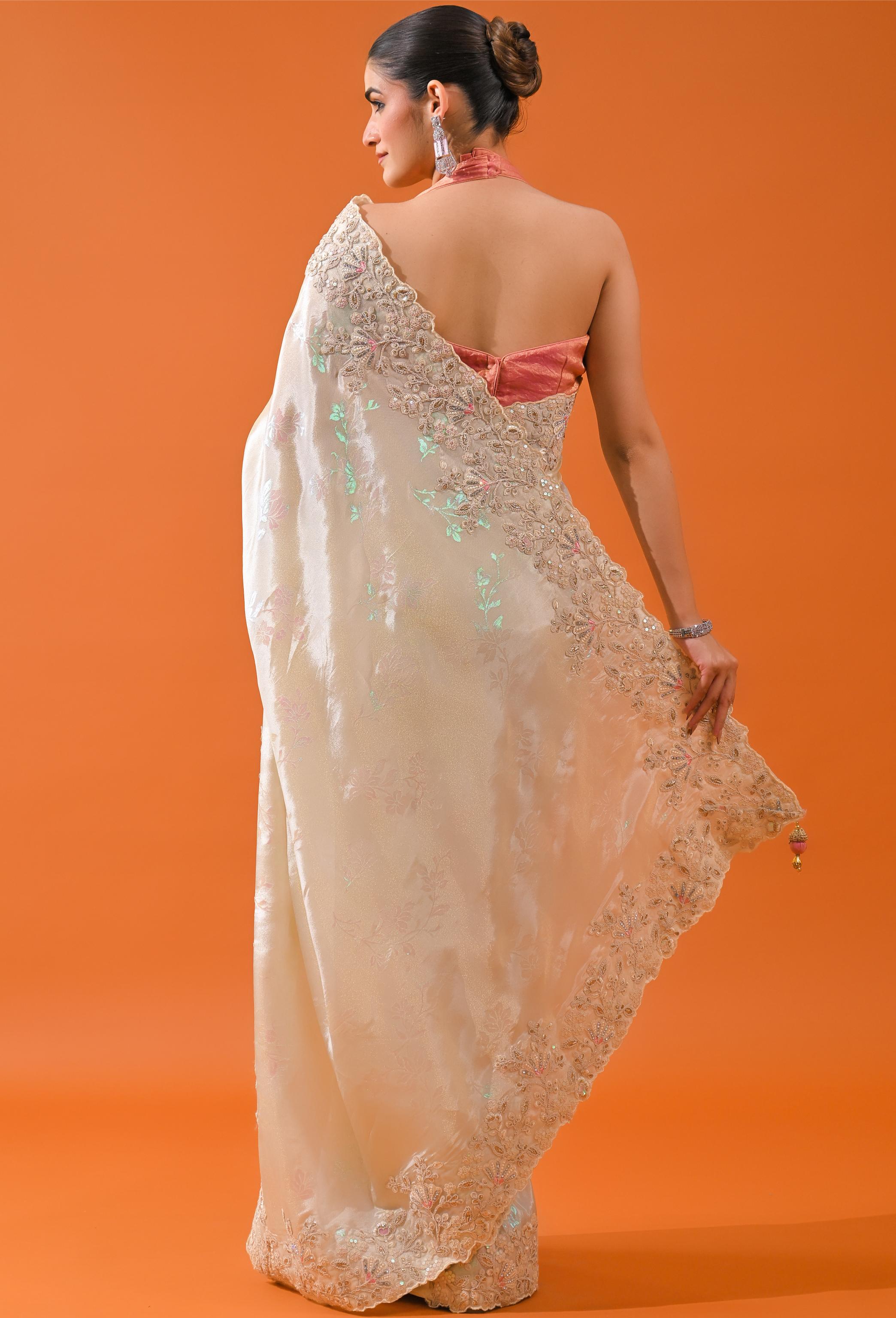 Ivory Embroidered Cosmo Tissue Silk Saree