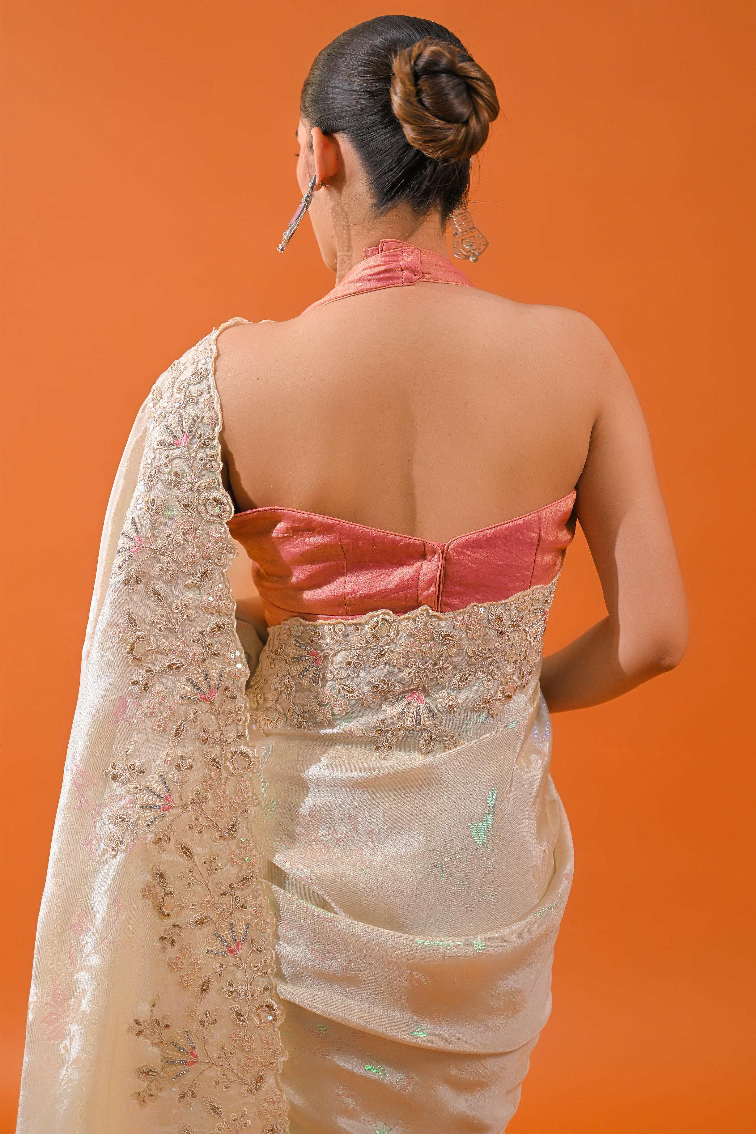 Ivory Embroidered Cosmo Tissue Silk Saree