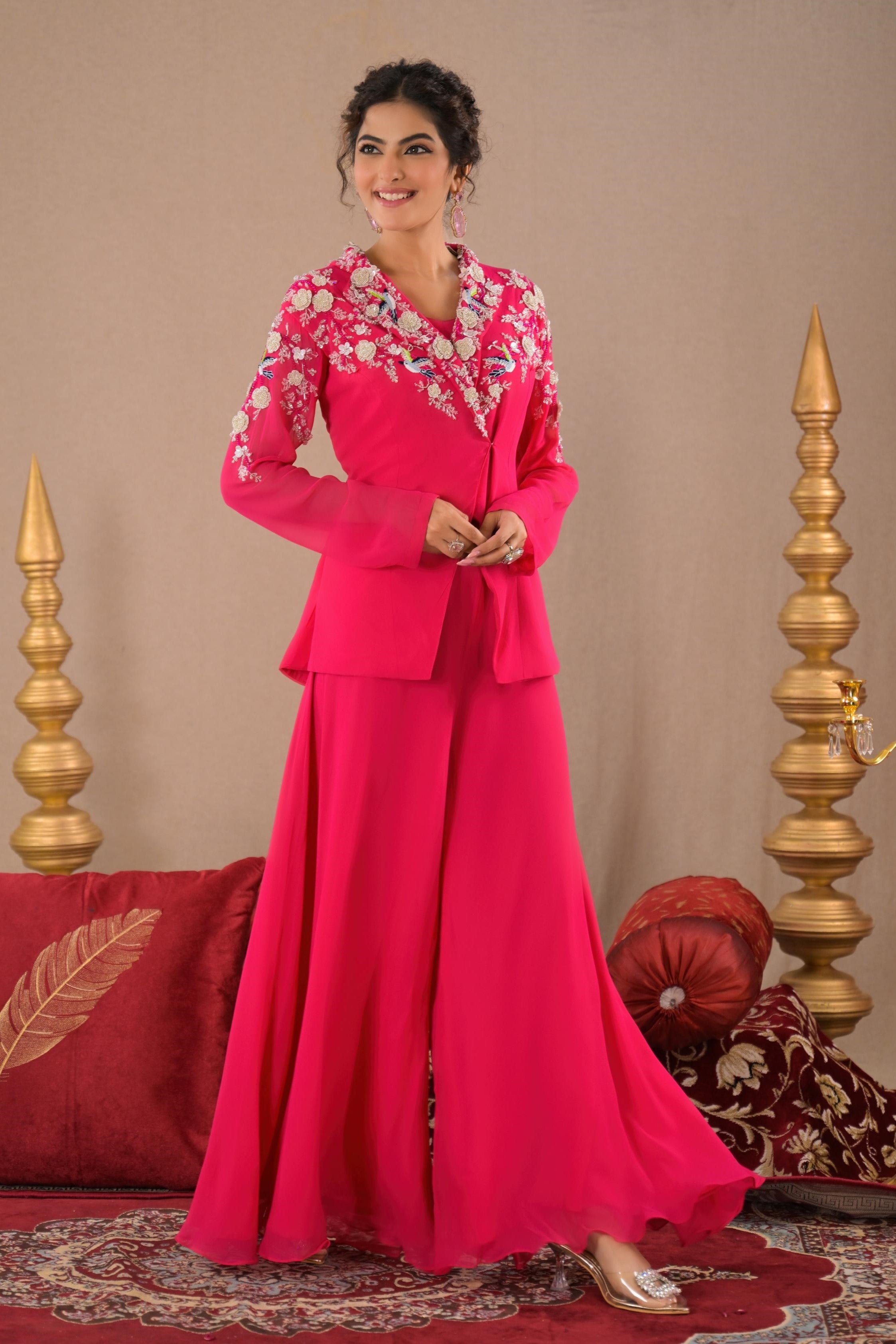 Hot Pink Embroidered Georgette Silk Jacket & Palazzo Set