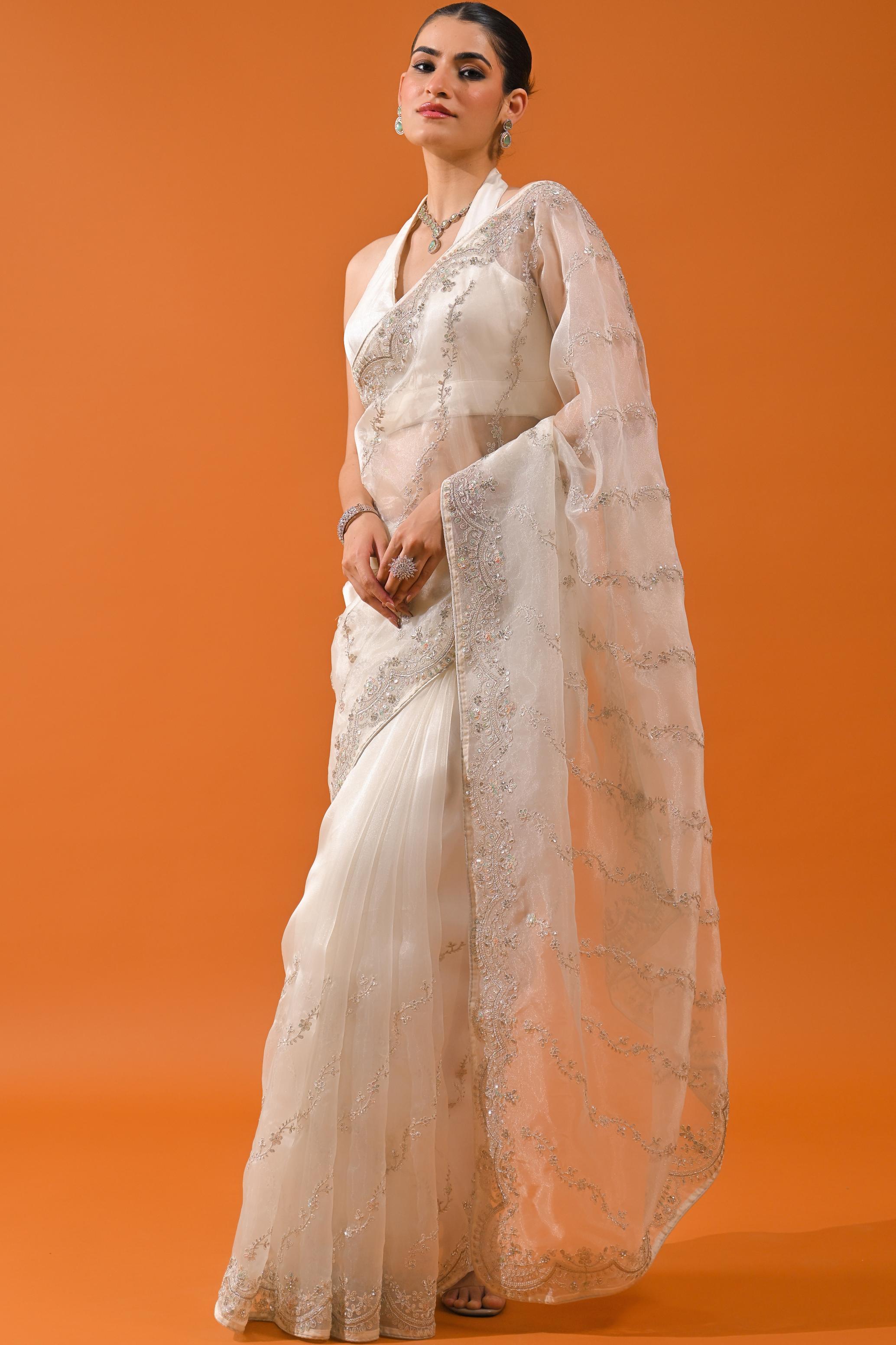 Pearl White Net Organza Tissue Silk Saree