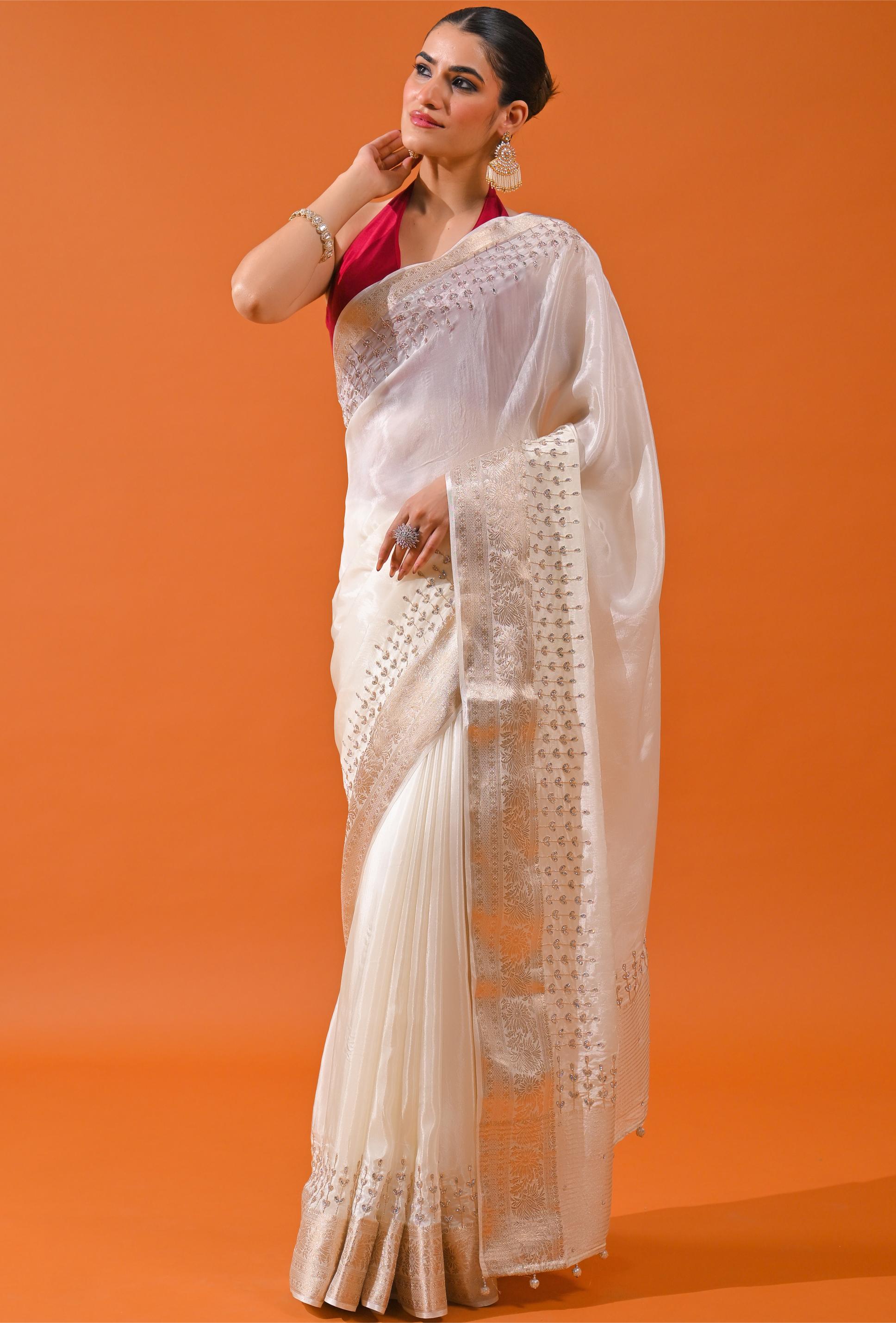 Ivory Embellished Cosmo Silk Saree