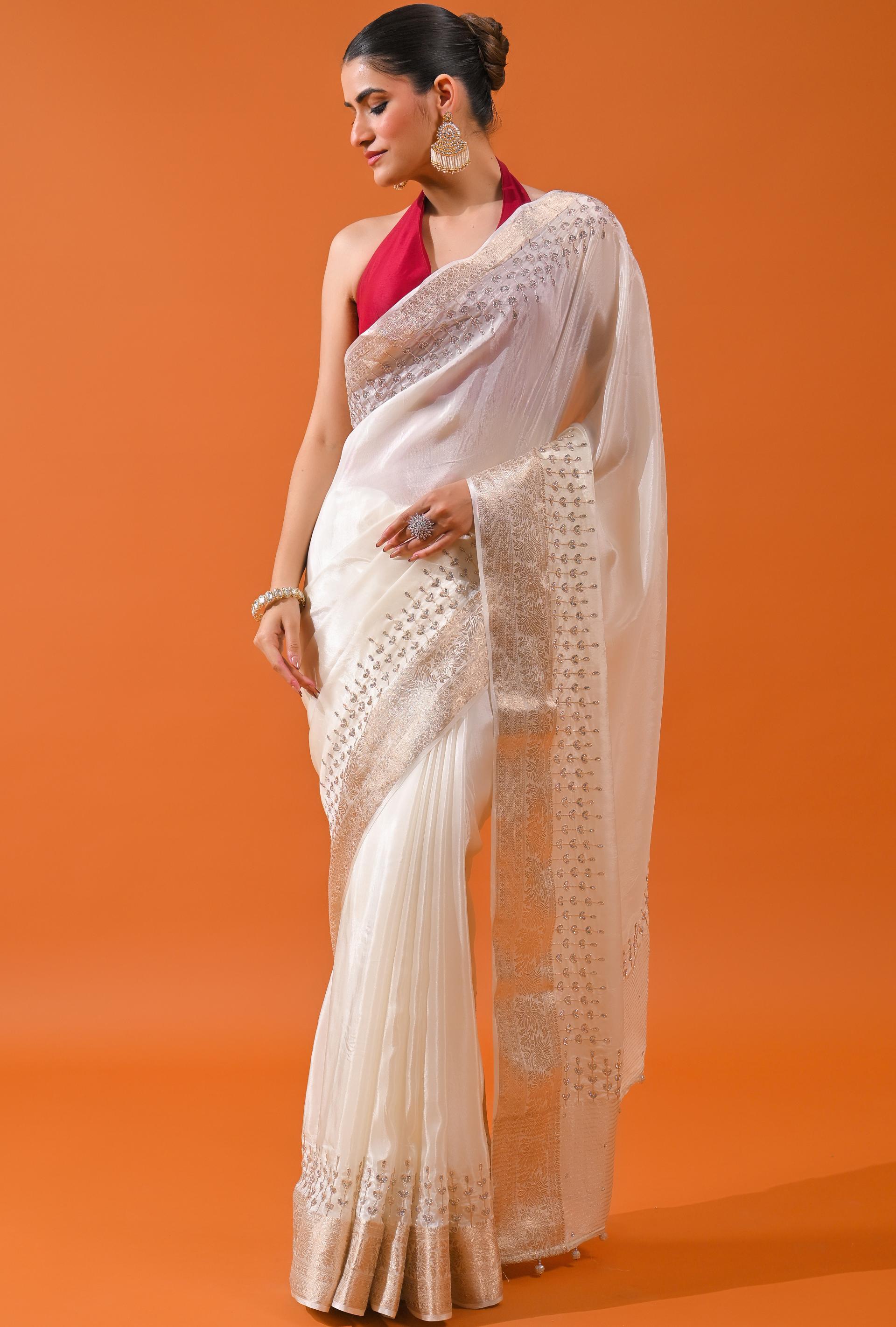 Ivory Embellished Cosmo Silk Saree