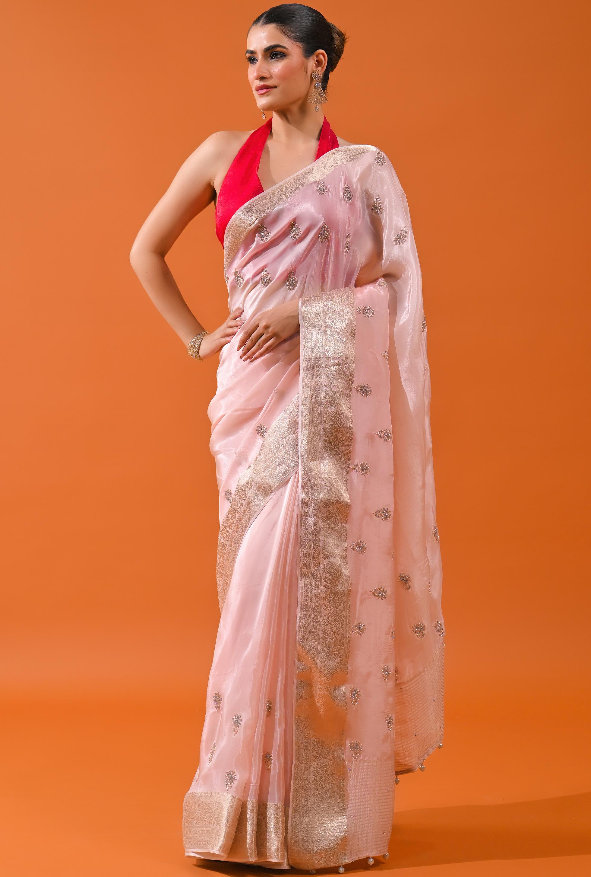 Light Pink Embellished Cosmo Silk Saree
