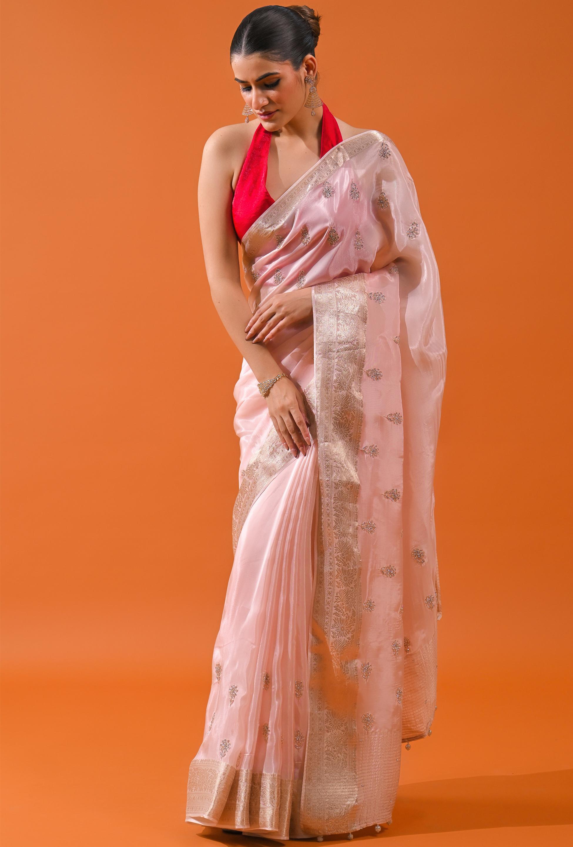 Light Pink Embellished Cosmo Silk Saree