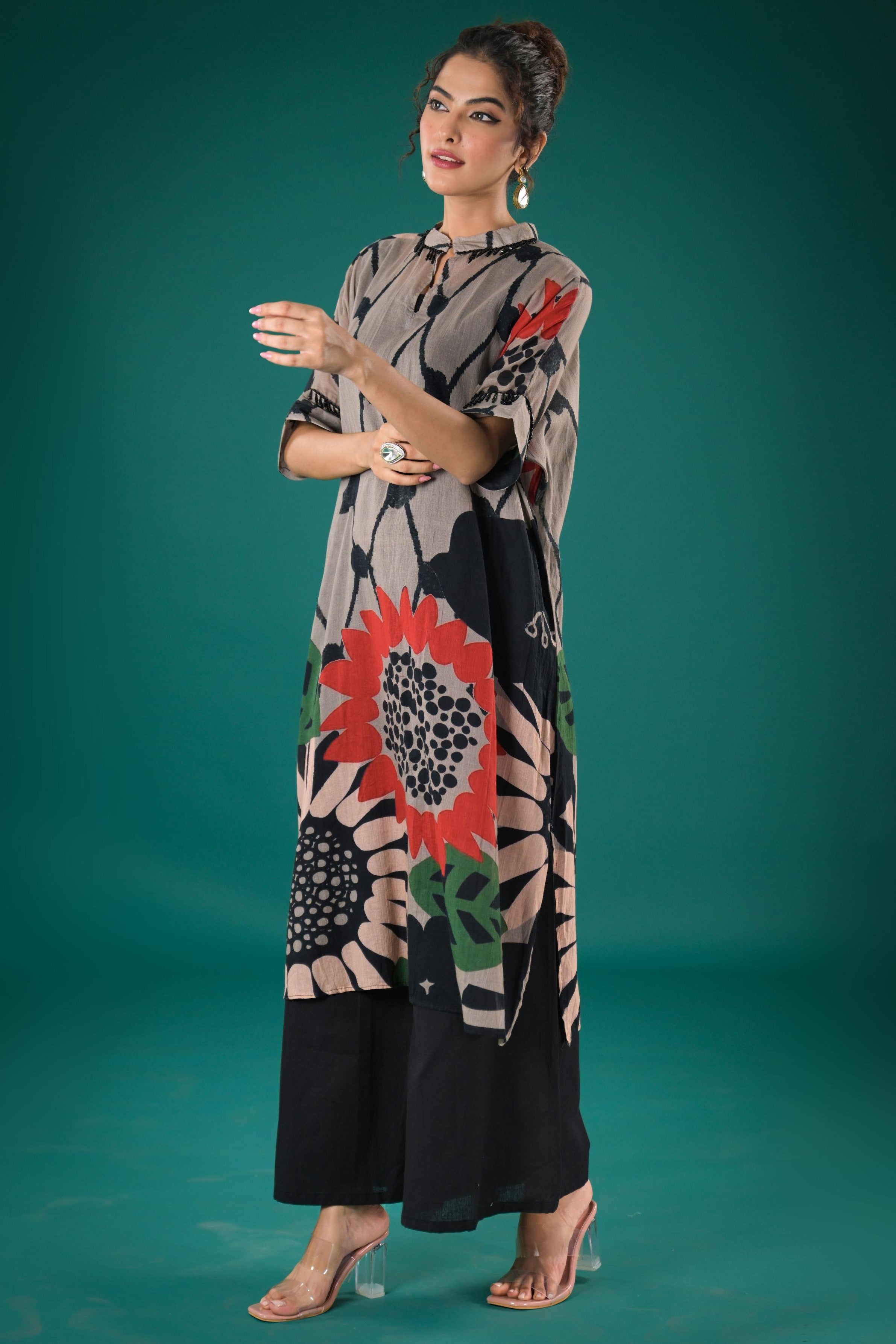 Grey Digital Printed Belgian Silk Kurta Set