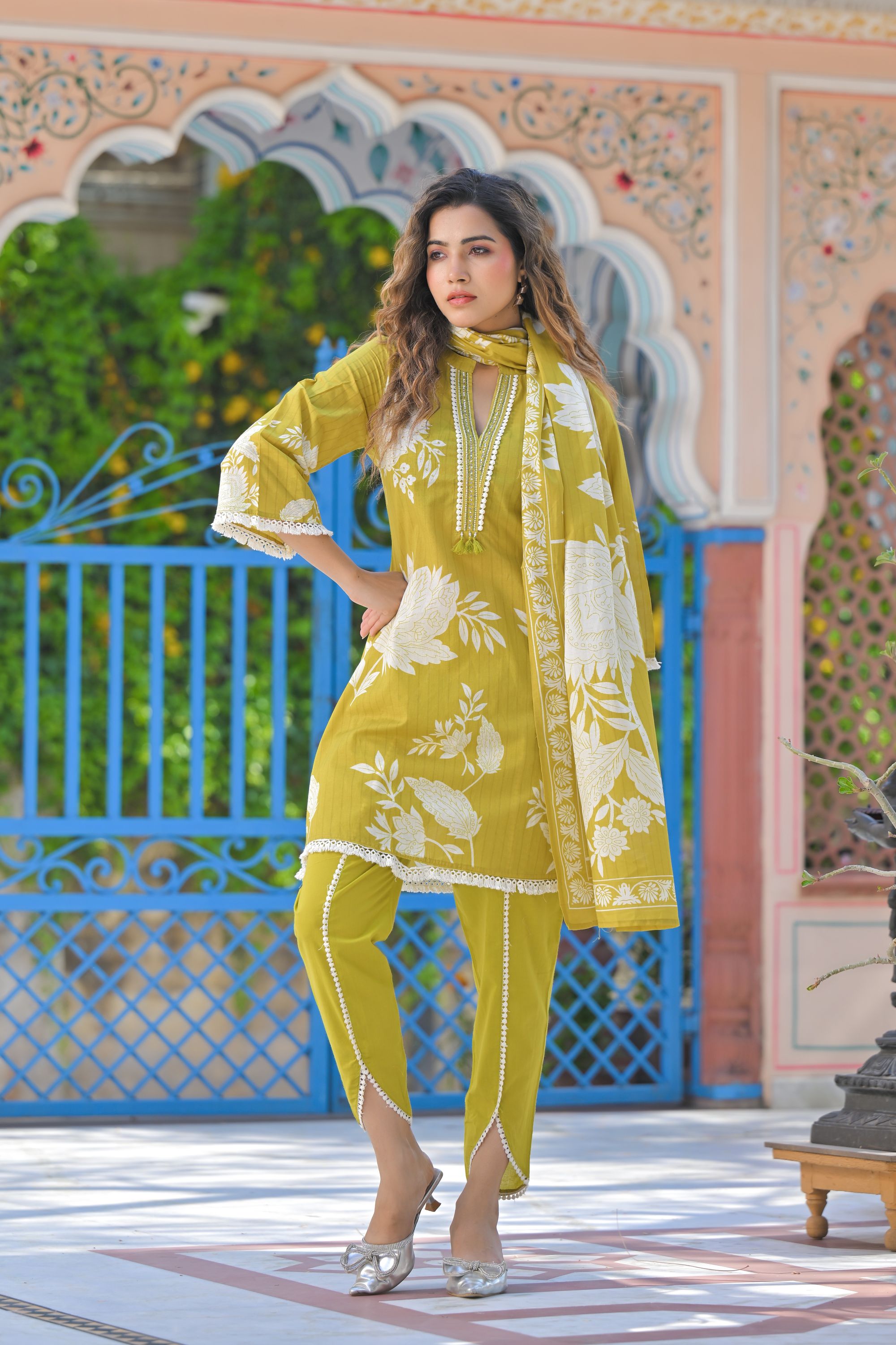 Classic Green Printed Dhoti Set
