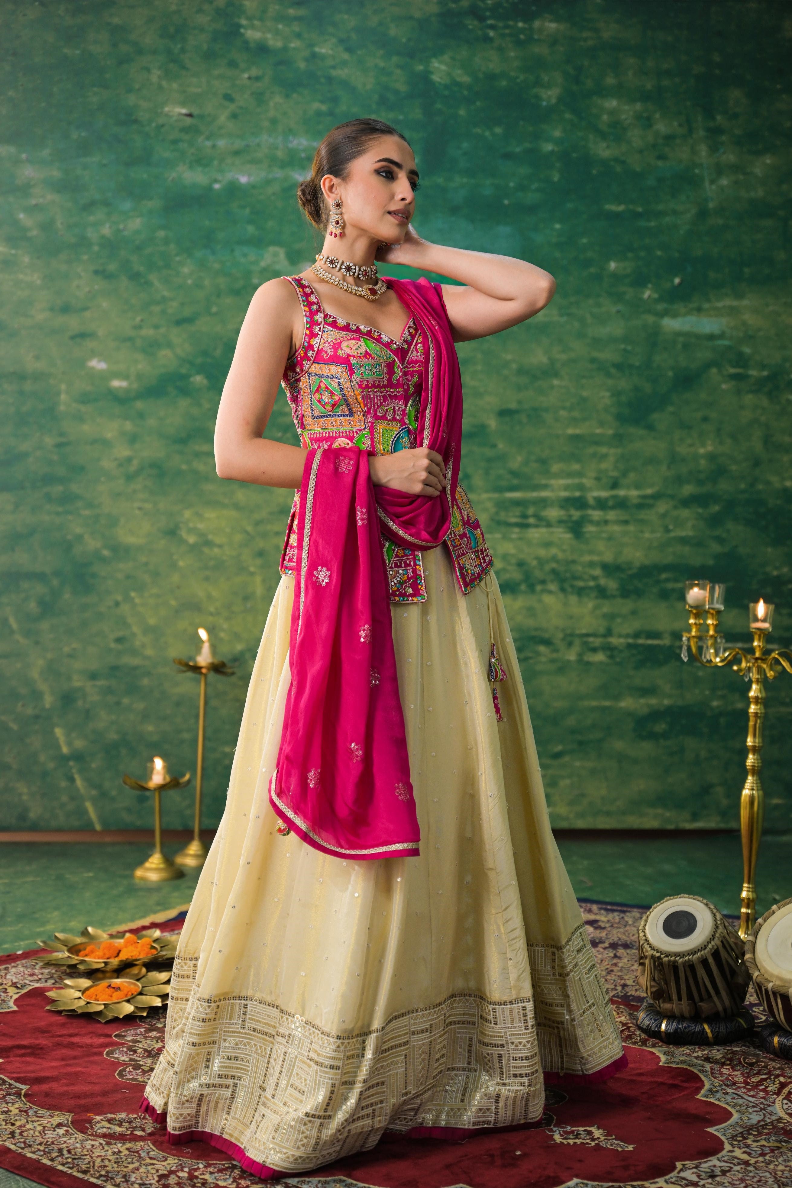 Pale Champagne Embroidered Raw Silk Lehenga Set
