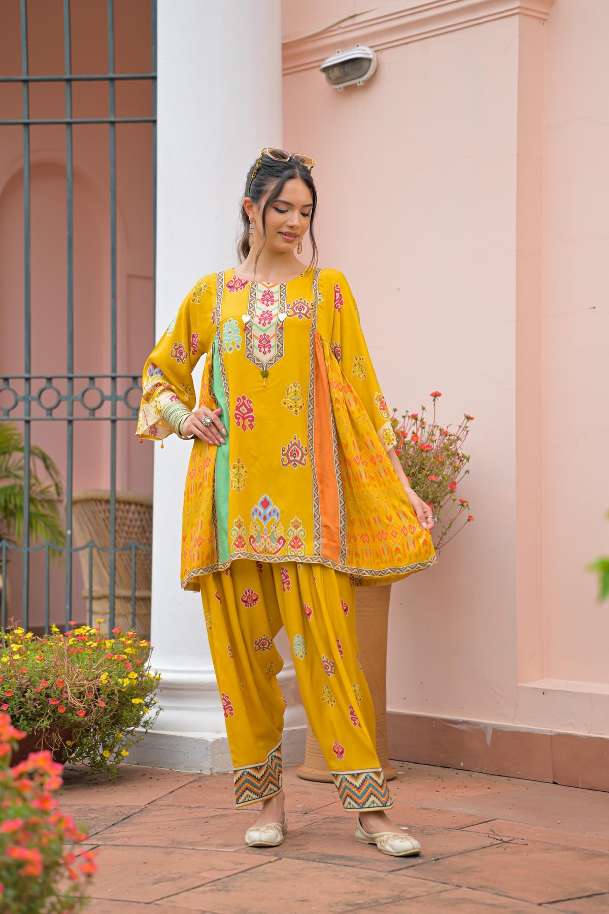 Mustard Yellow Embellished Muslin Silk Farshi Salwar Set
