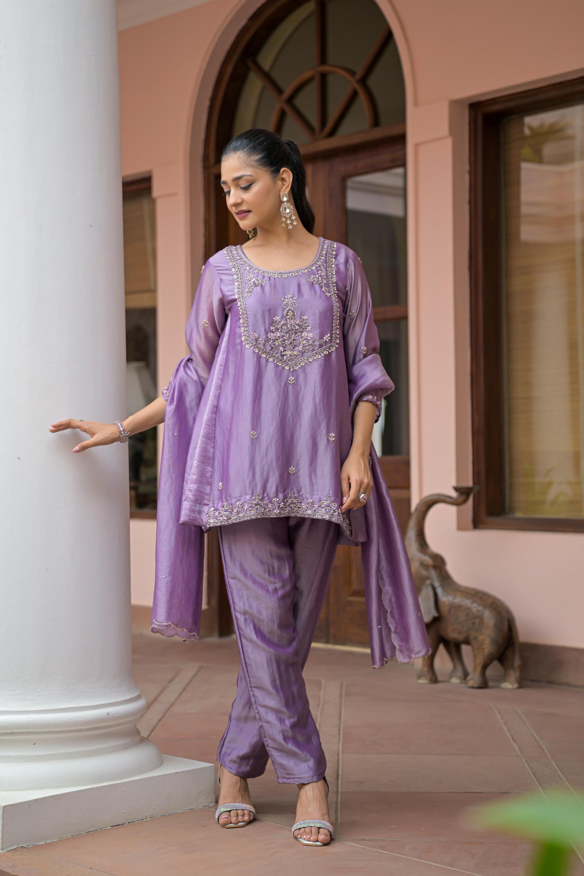 Soft Lavender Embellished Tissue Silk Pant Set