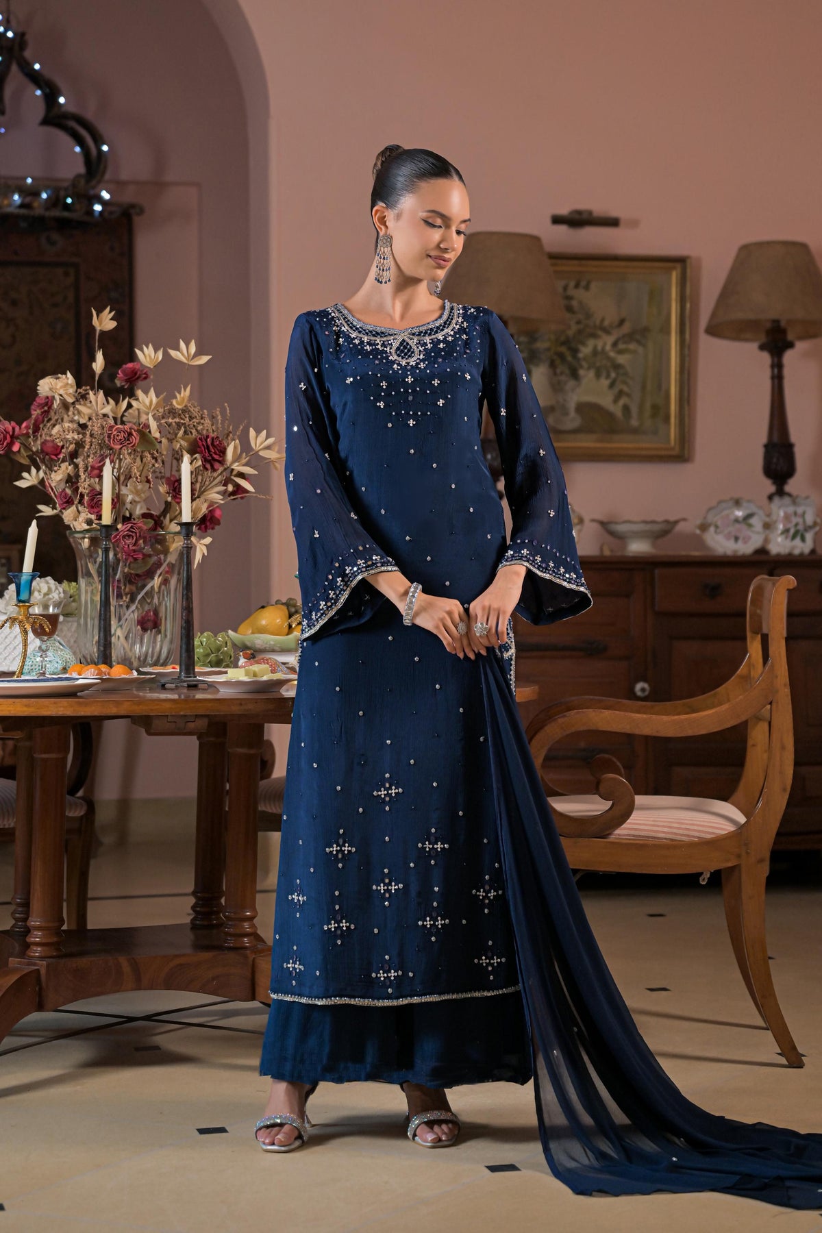 Midnight Blue Embellished Chinon Silk Pant Set