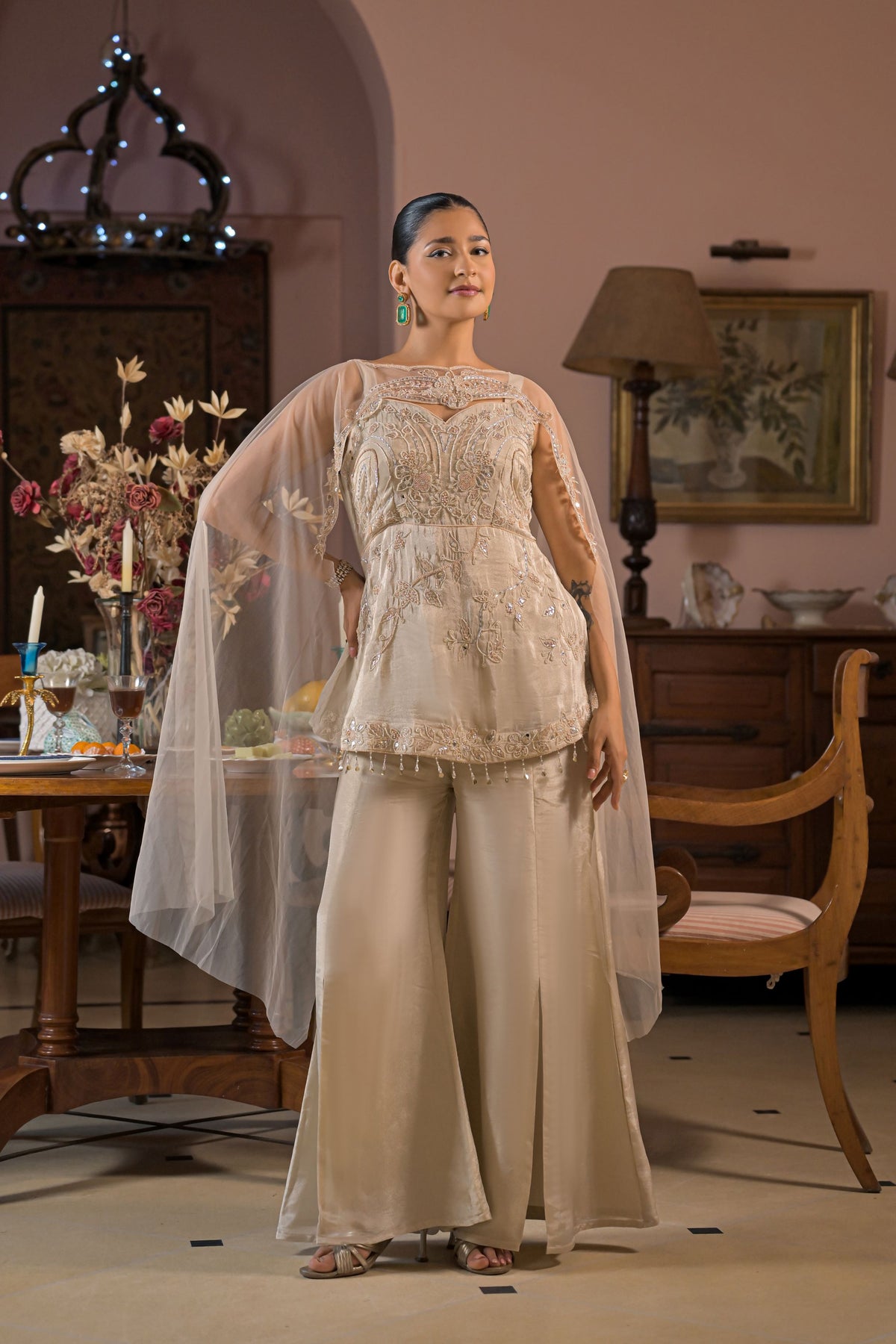 Cream Embellished Tissue Silk Palazzo Set