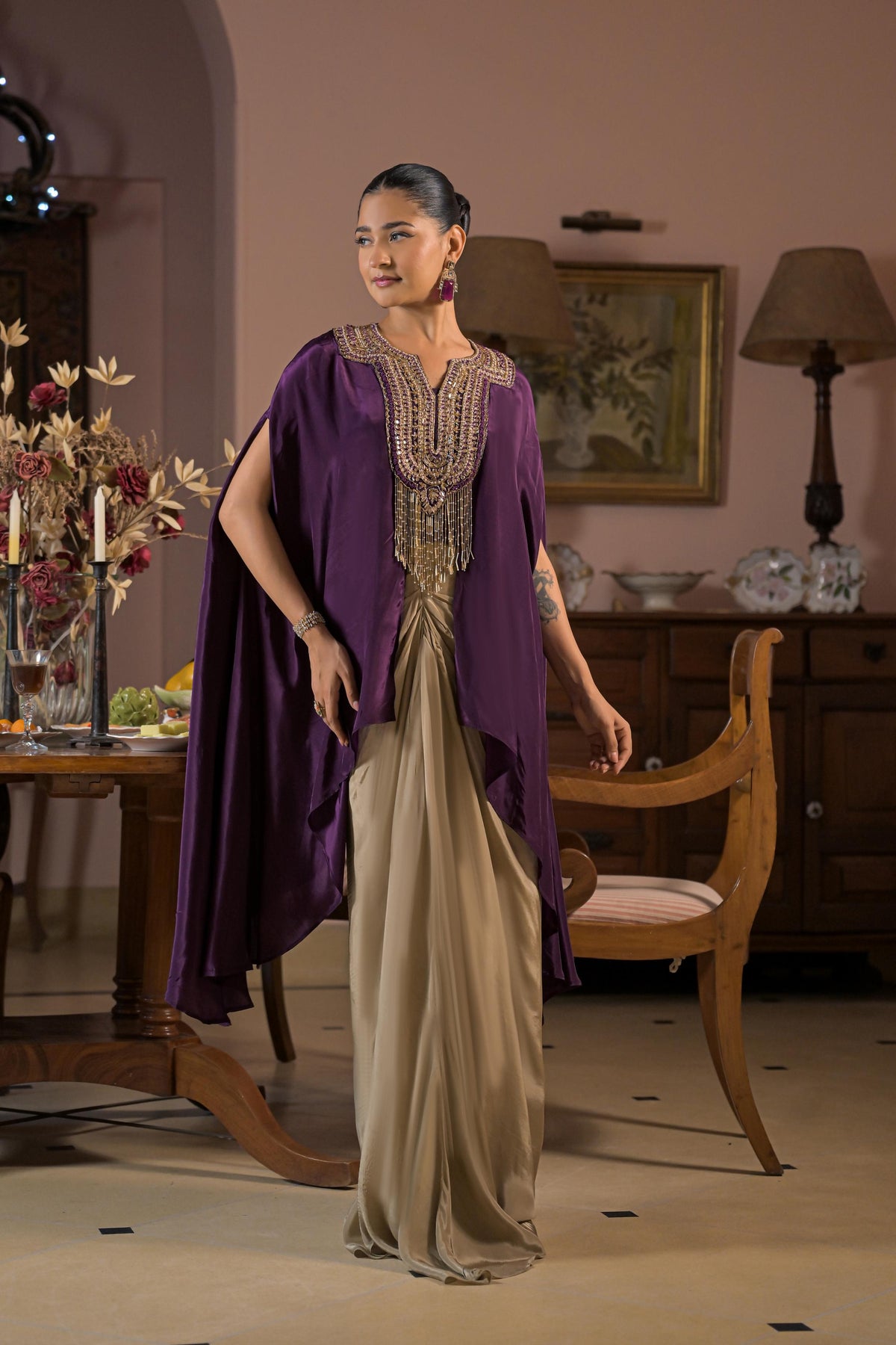 Plum Purple Embellished Crepe Silk Kaftan Set
