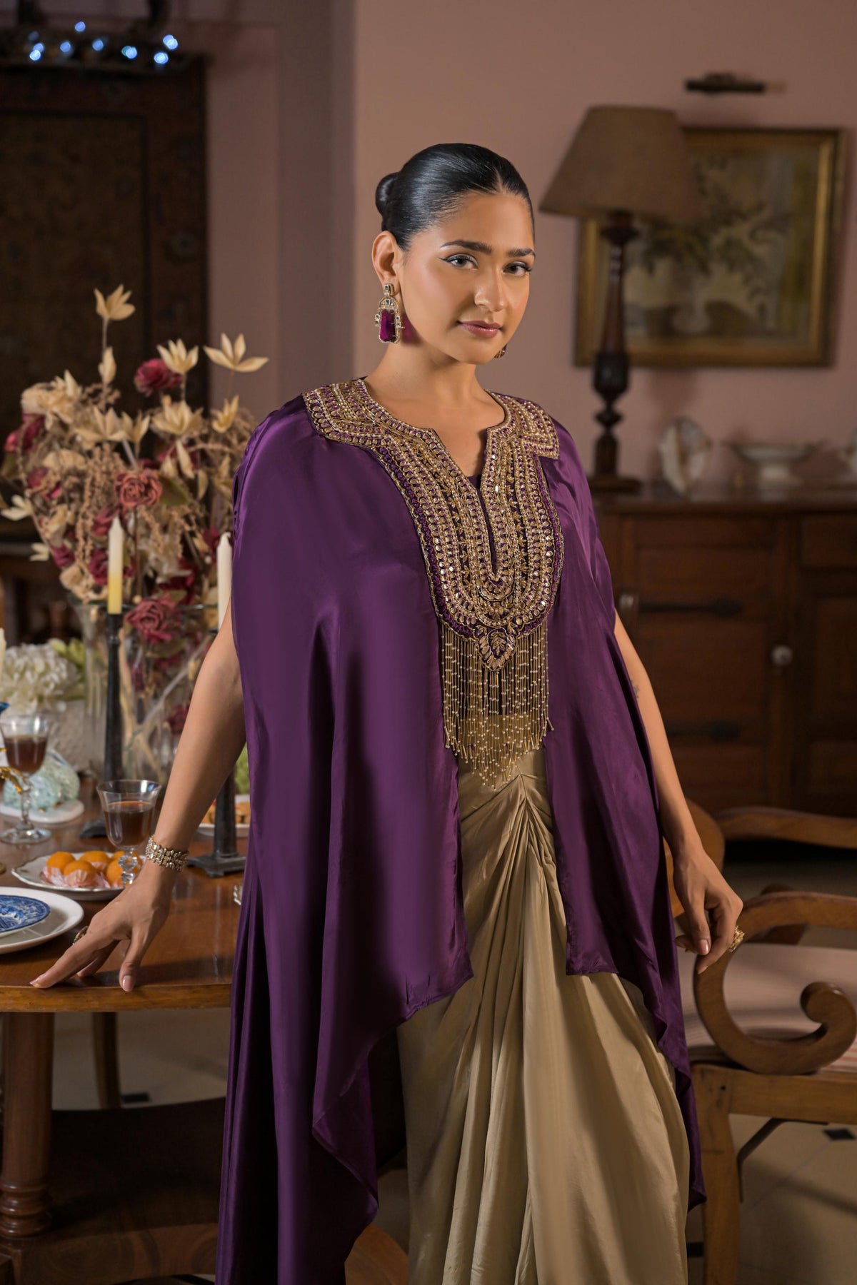 Plum Purple Embellished Crepe Silk Kaftan Set