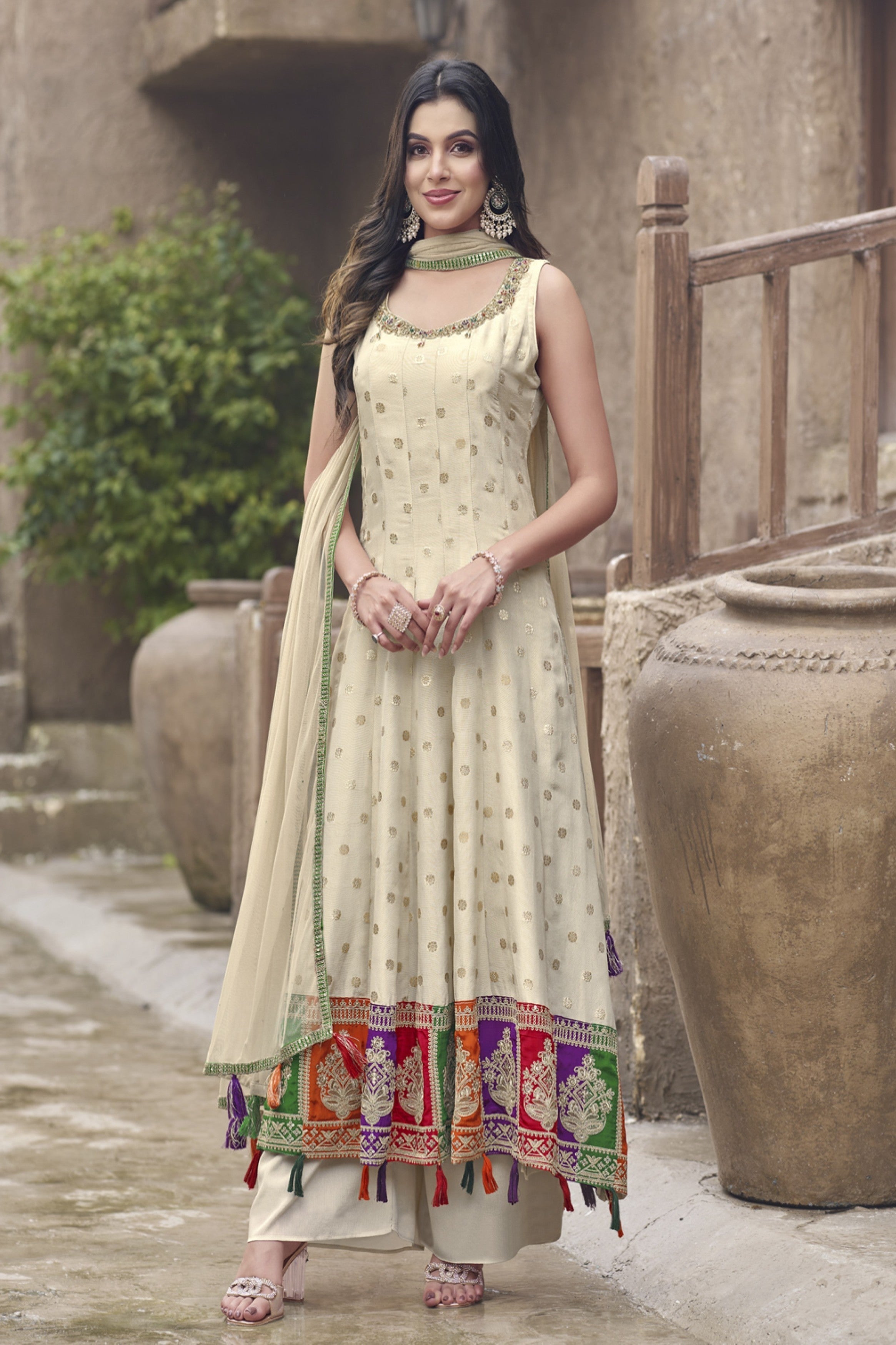 Pale Ivory Embellished Brocade Silk Anarkali Set