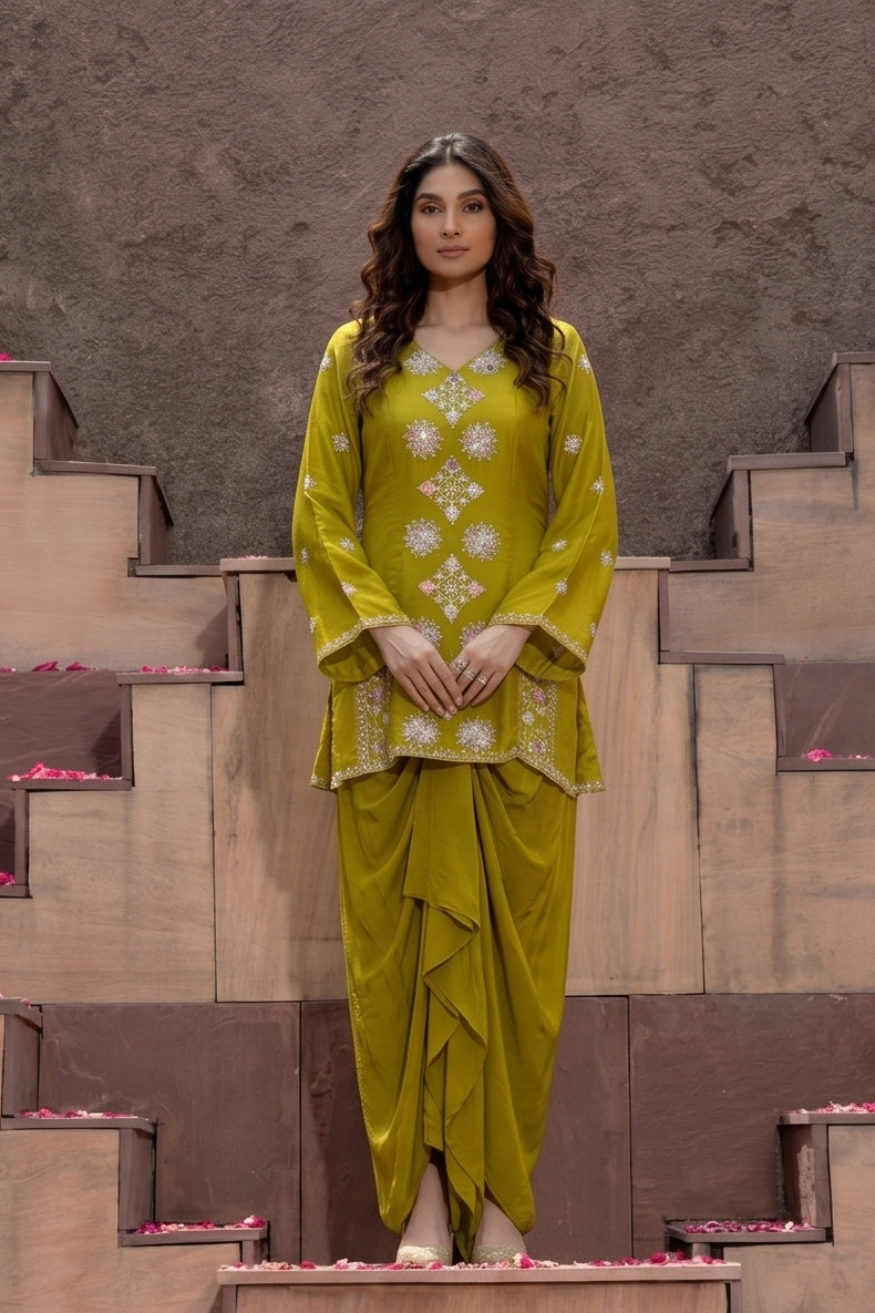 Chartreuse Embellished Crepe Satin Silk Draped Skirt Set