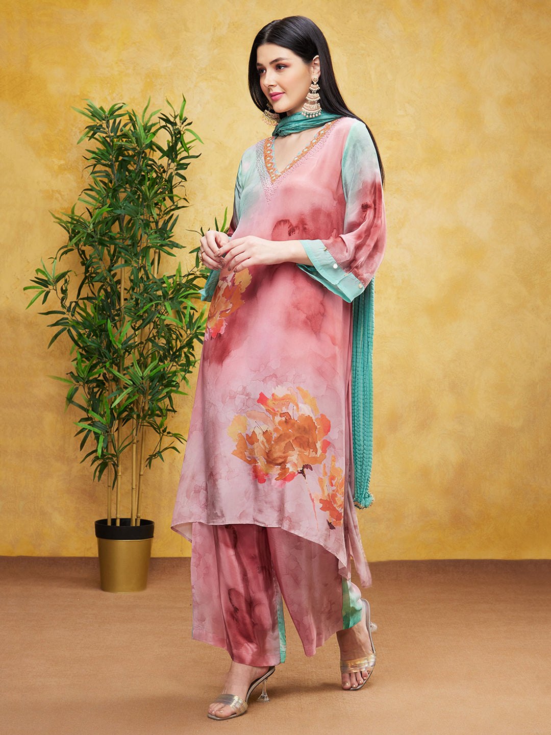 Rose Pink Digital Printed Premium Silk Palazzo Set