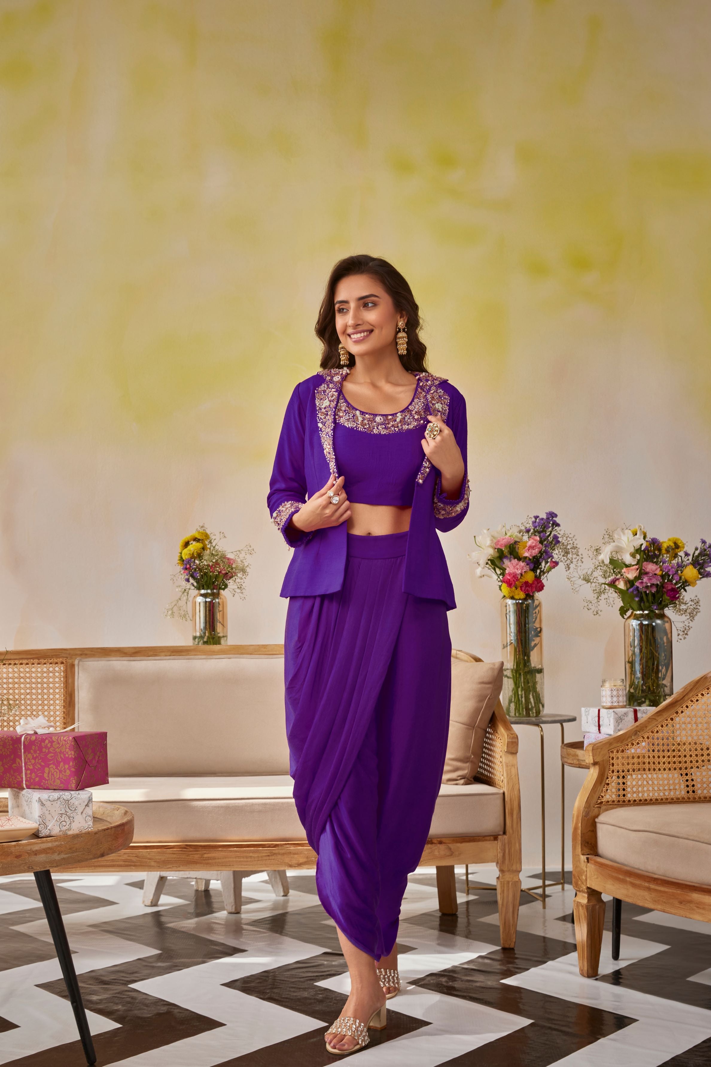 Purple Embellished Raw Silk Jacket & Skirt Set