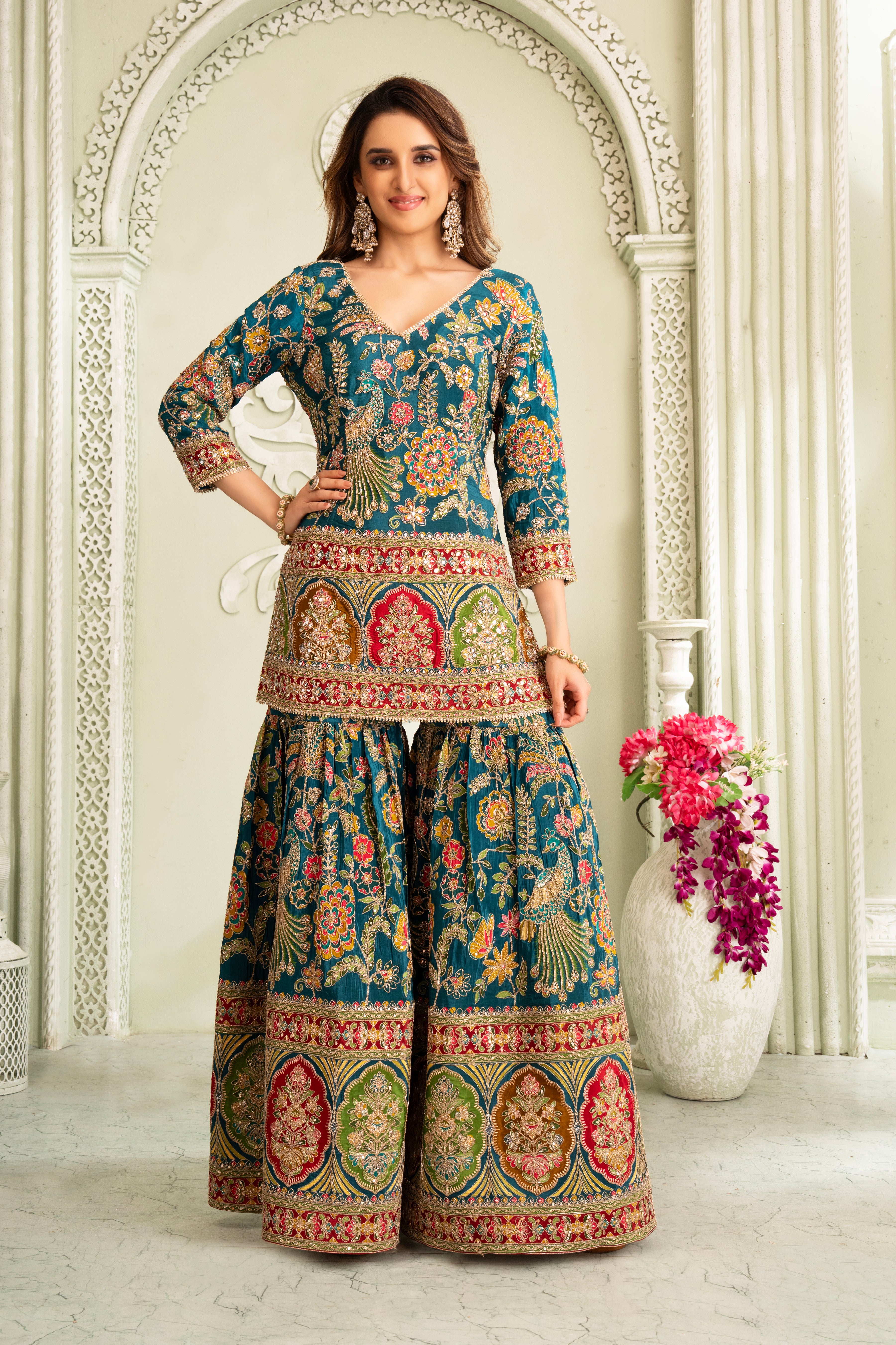 Teal Traditional Handwork Sharara Set