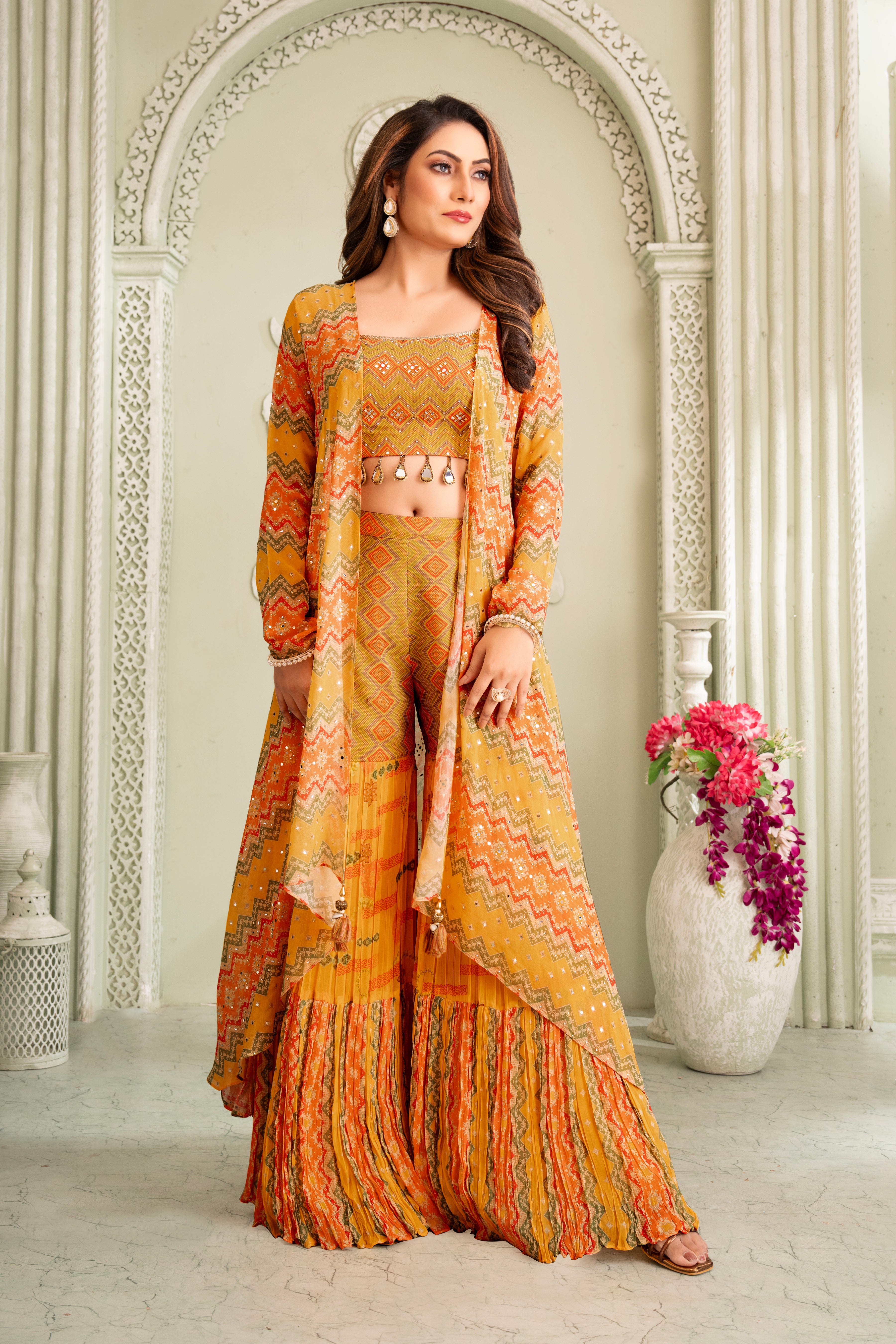 Celebrative Yellow Ethnic Printed Sharara Set