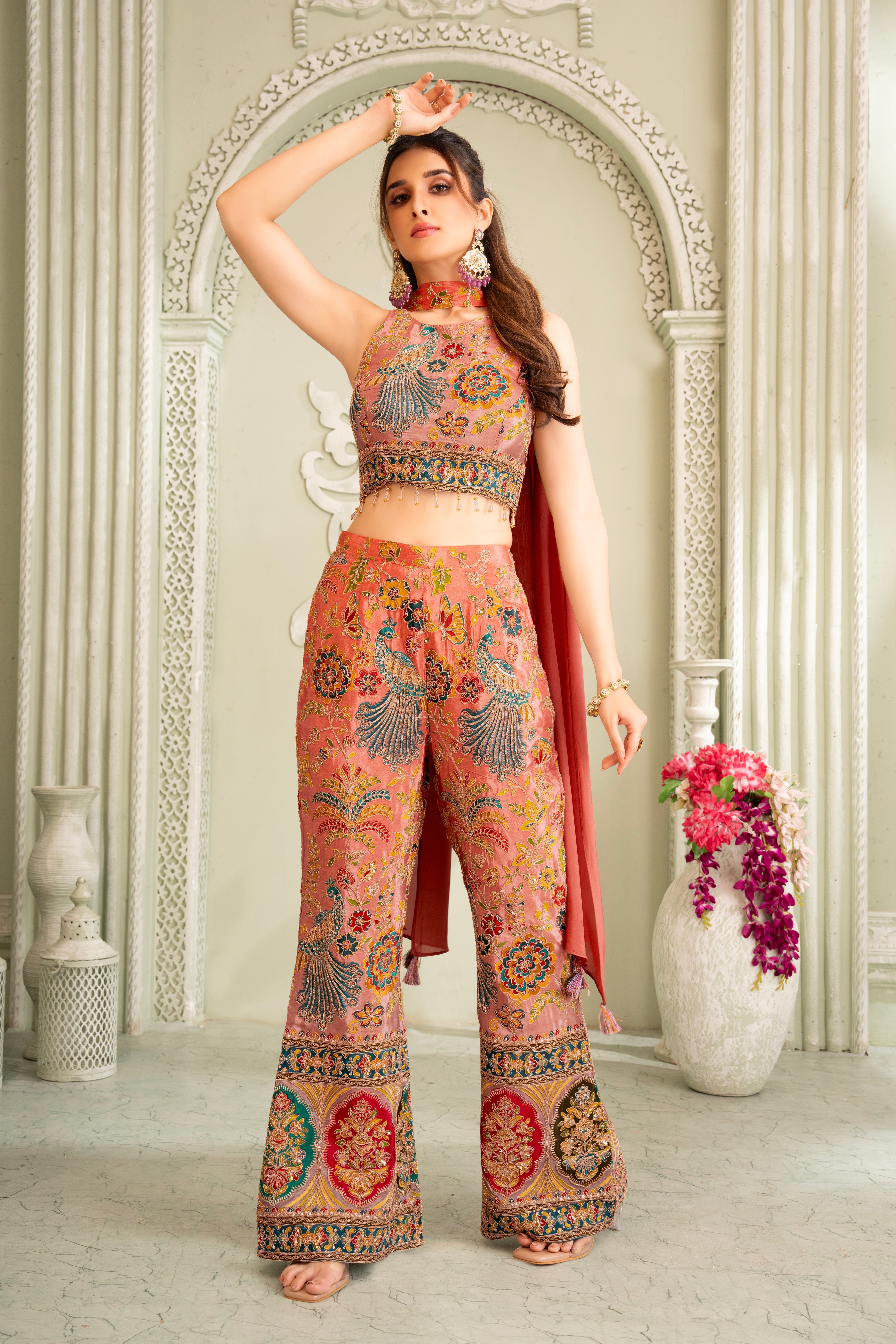 Copper Traditional Handwork Palazzo Set