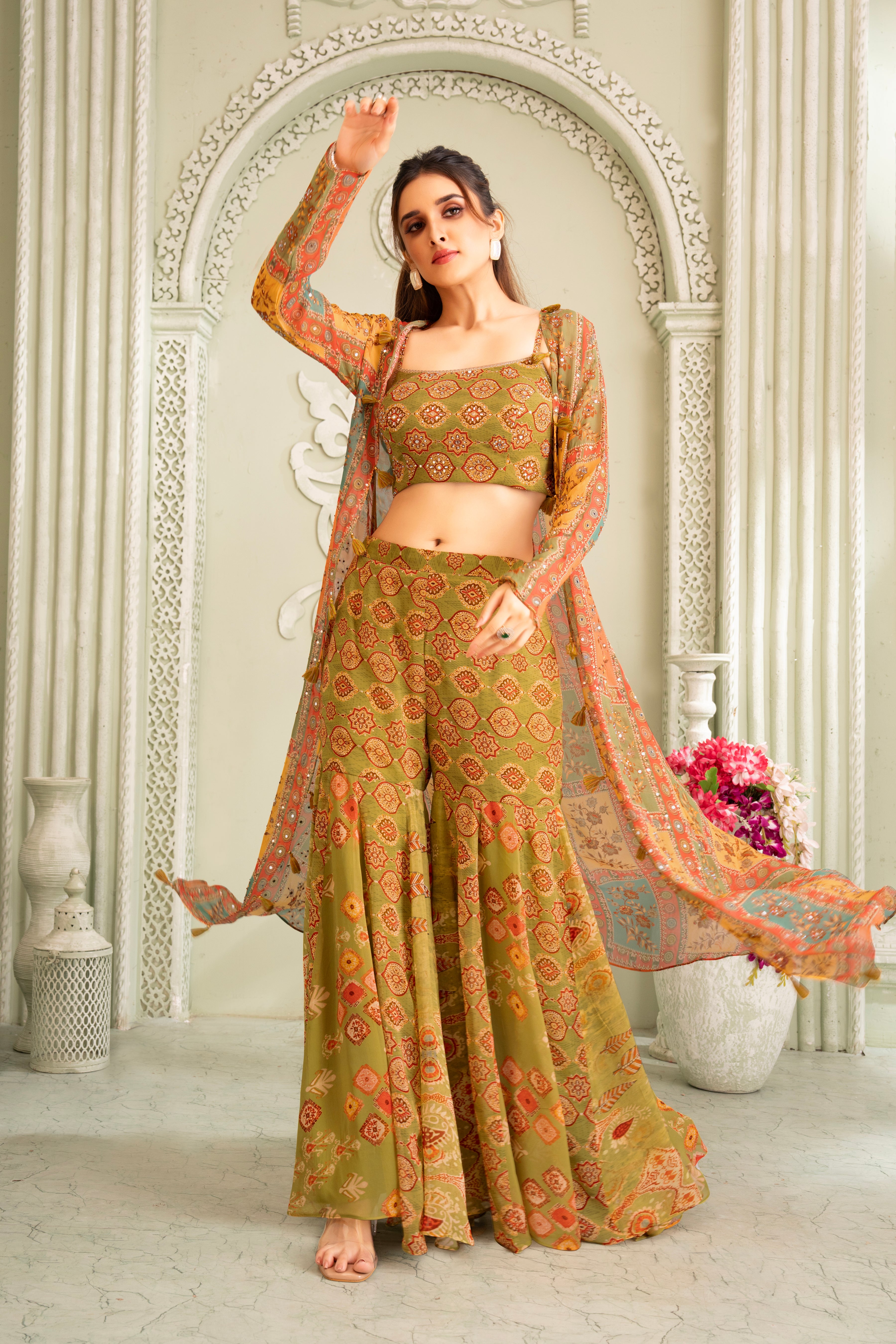 Green Ethnic Printed Sharara Set
