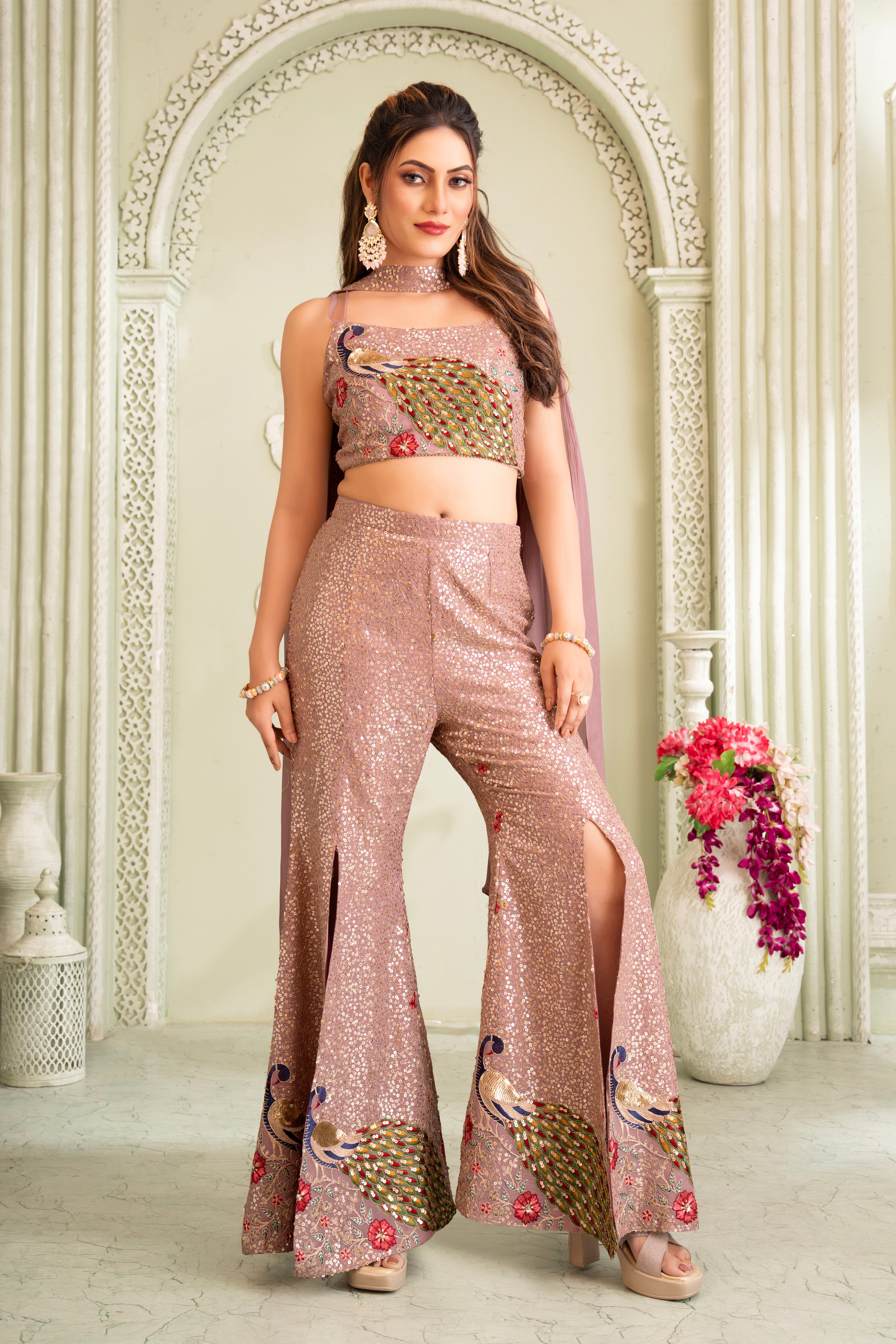 Shimmer Pink Crop Top & Palazzo Set