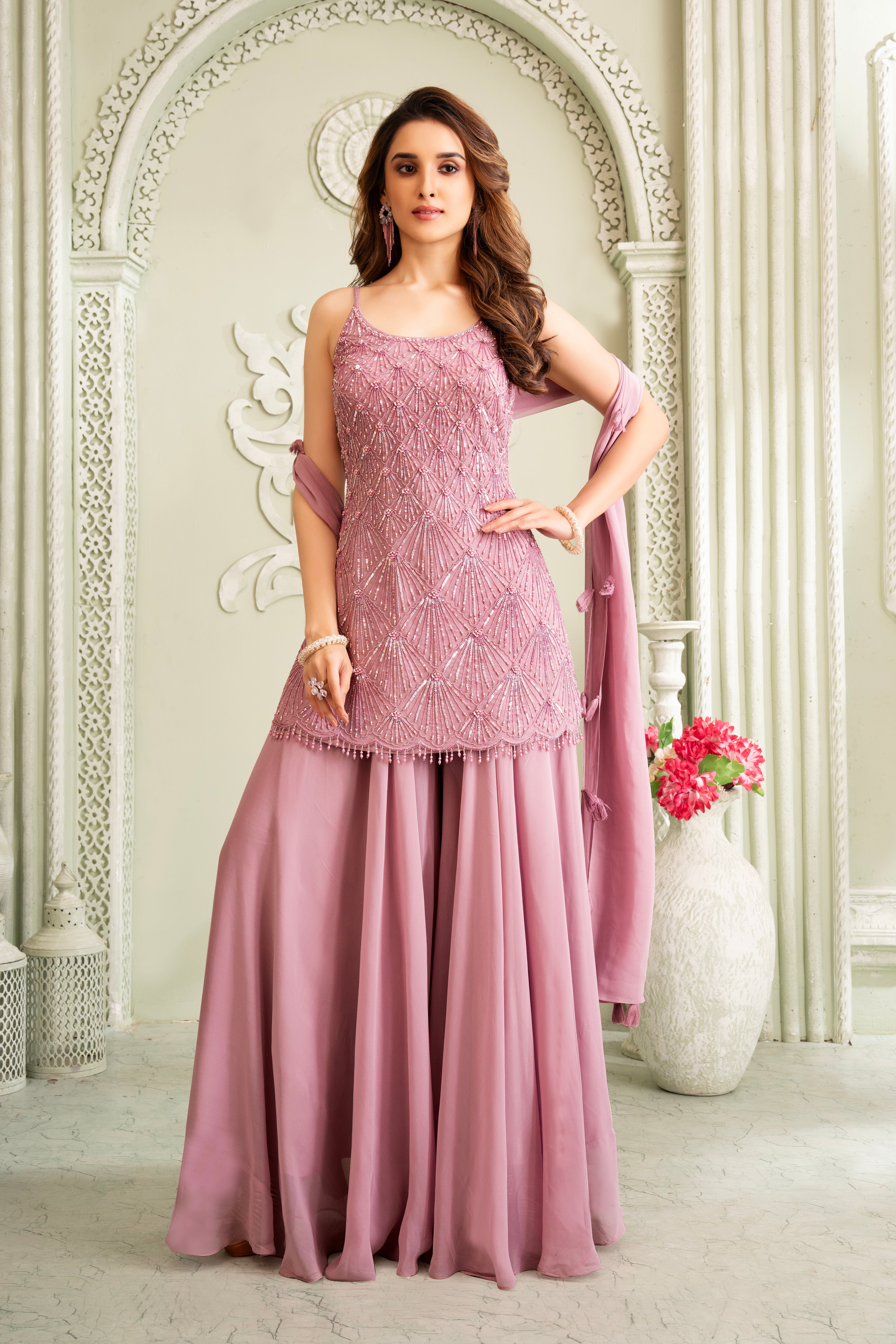 Dusty Pink Delicate Sequins Tunic Palazzo Set