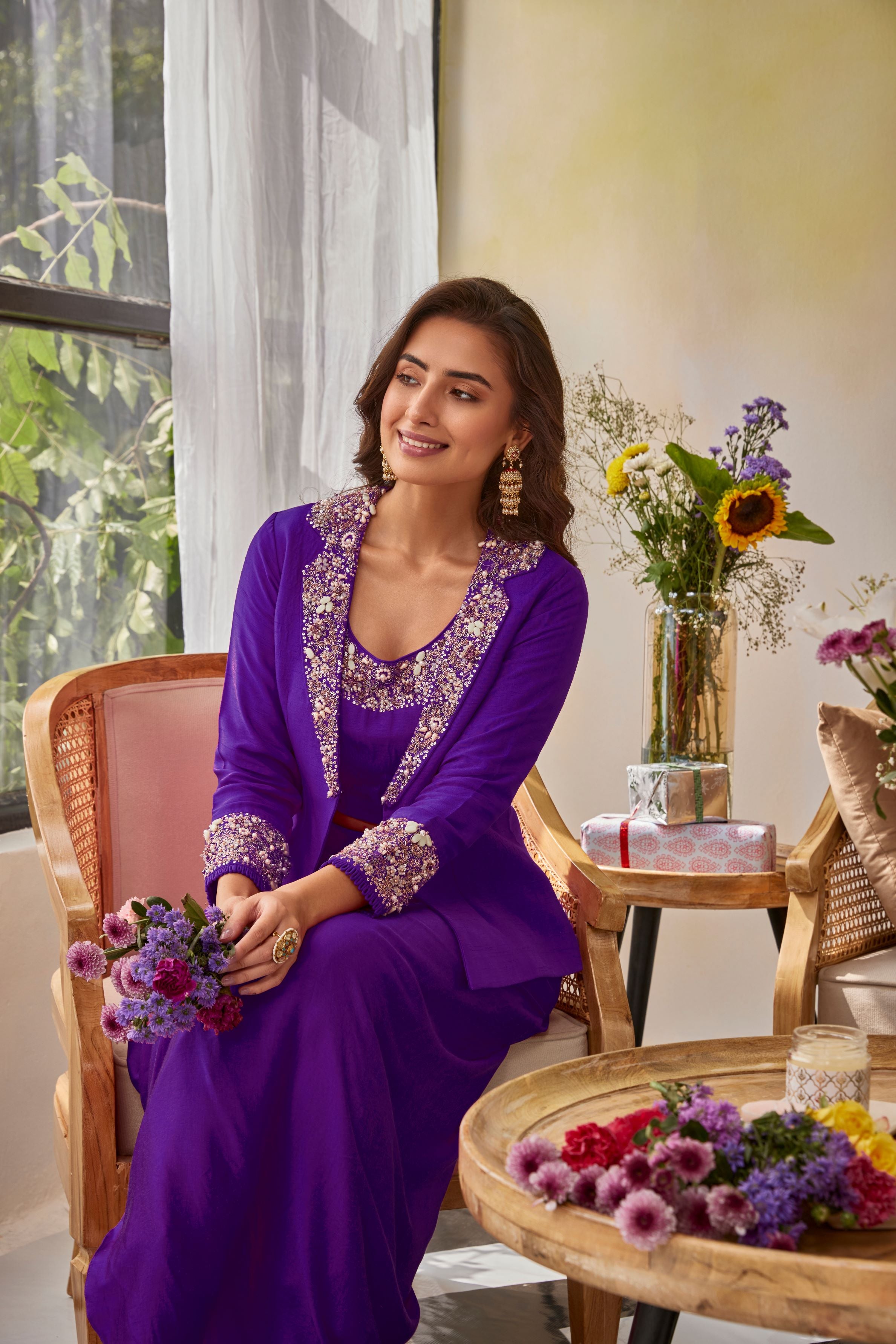 Purple Embellished Raw Silk Jacket & Skirt Set