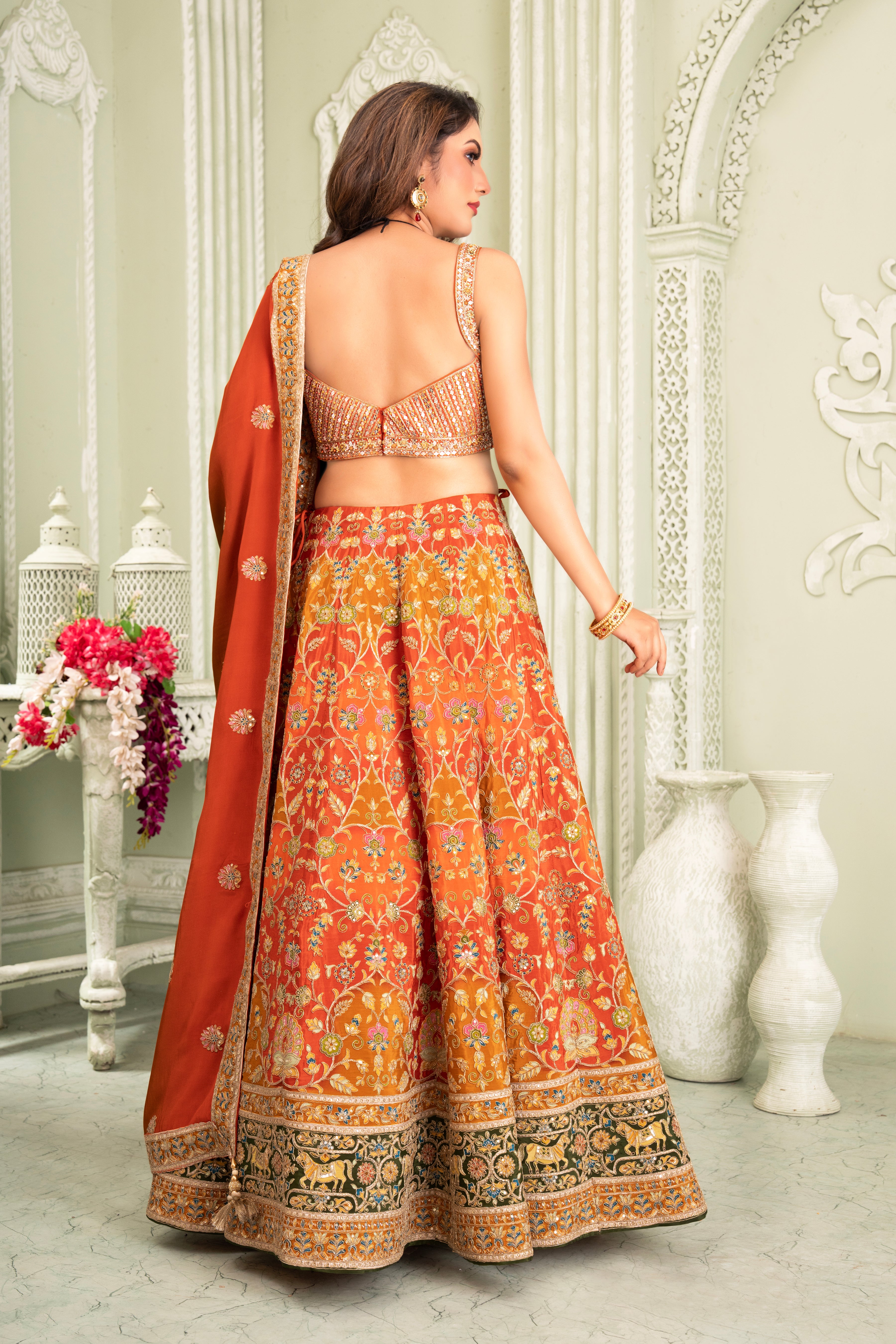 Orange Golden Handwork Lehenga Set